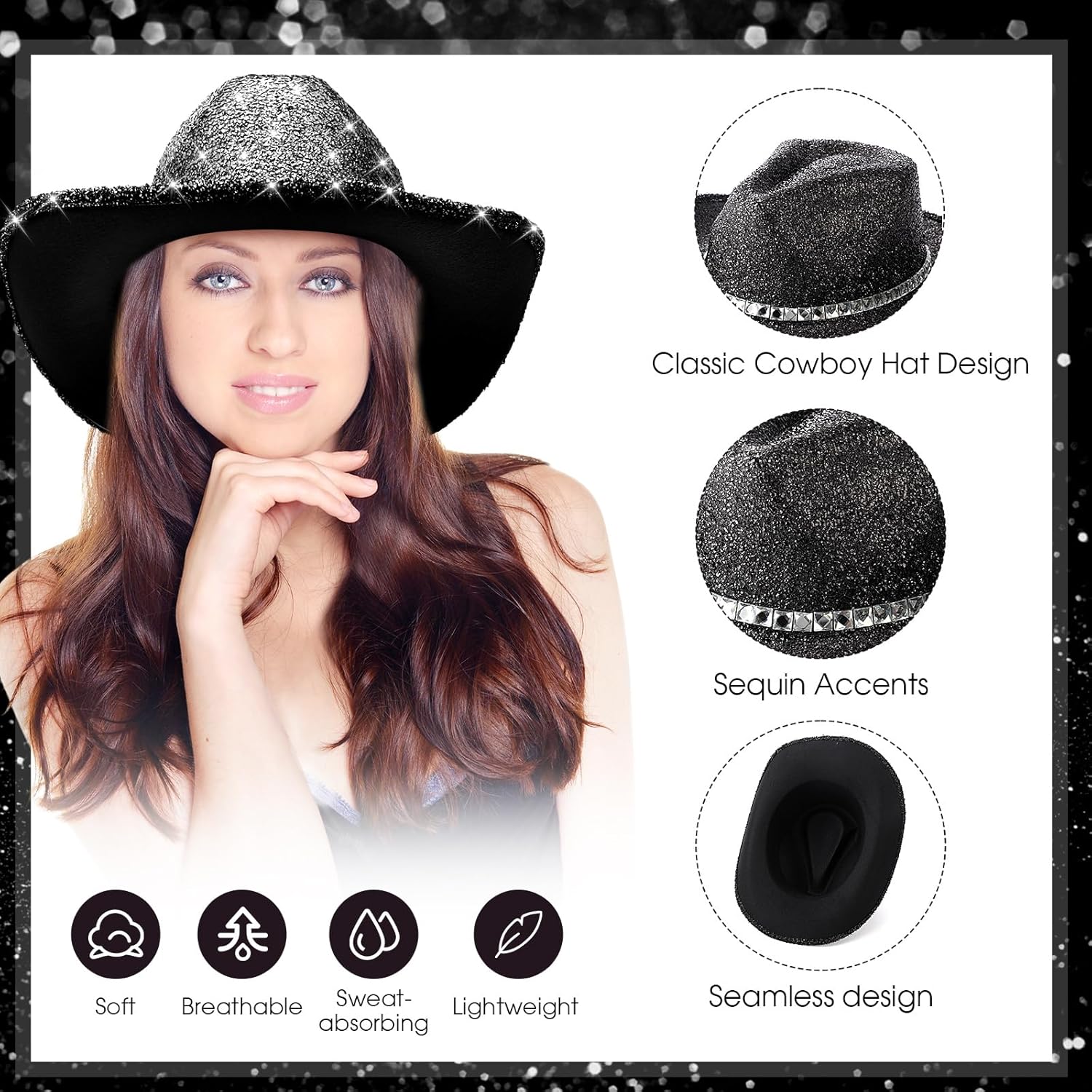 Hercicy 6 Pack Western Cowboy Hats with Rhinestone Tassel Bands Sequin Trim Sparkly Cowgirl Party Hats for Adults Women Men - Image 3