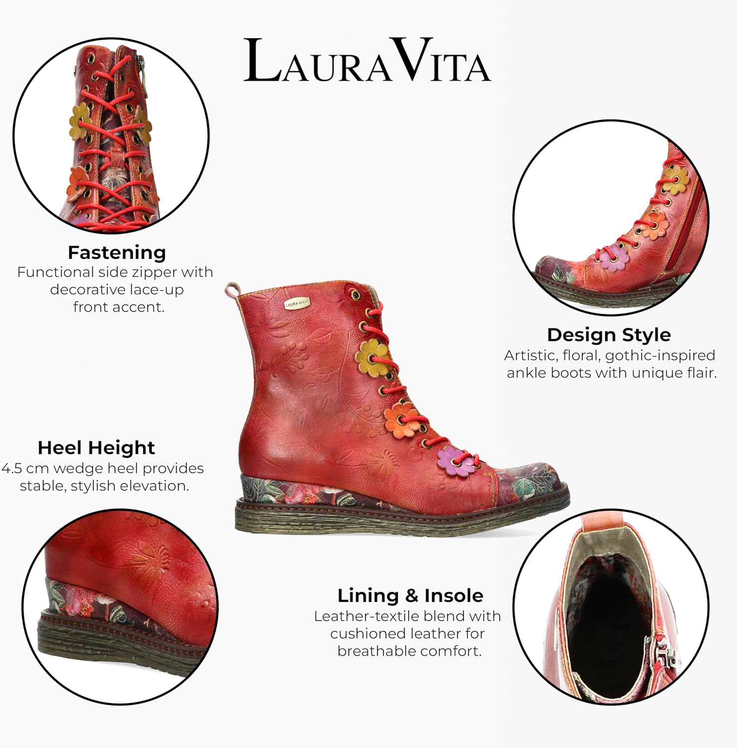 Laura Vita Women’s Ercnaulto 212 Gothic Victorian Floral Leather Ankle Lace Up Boots
