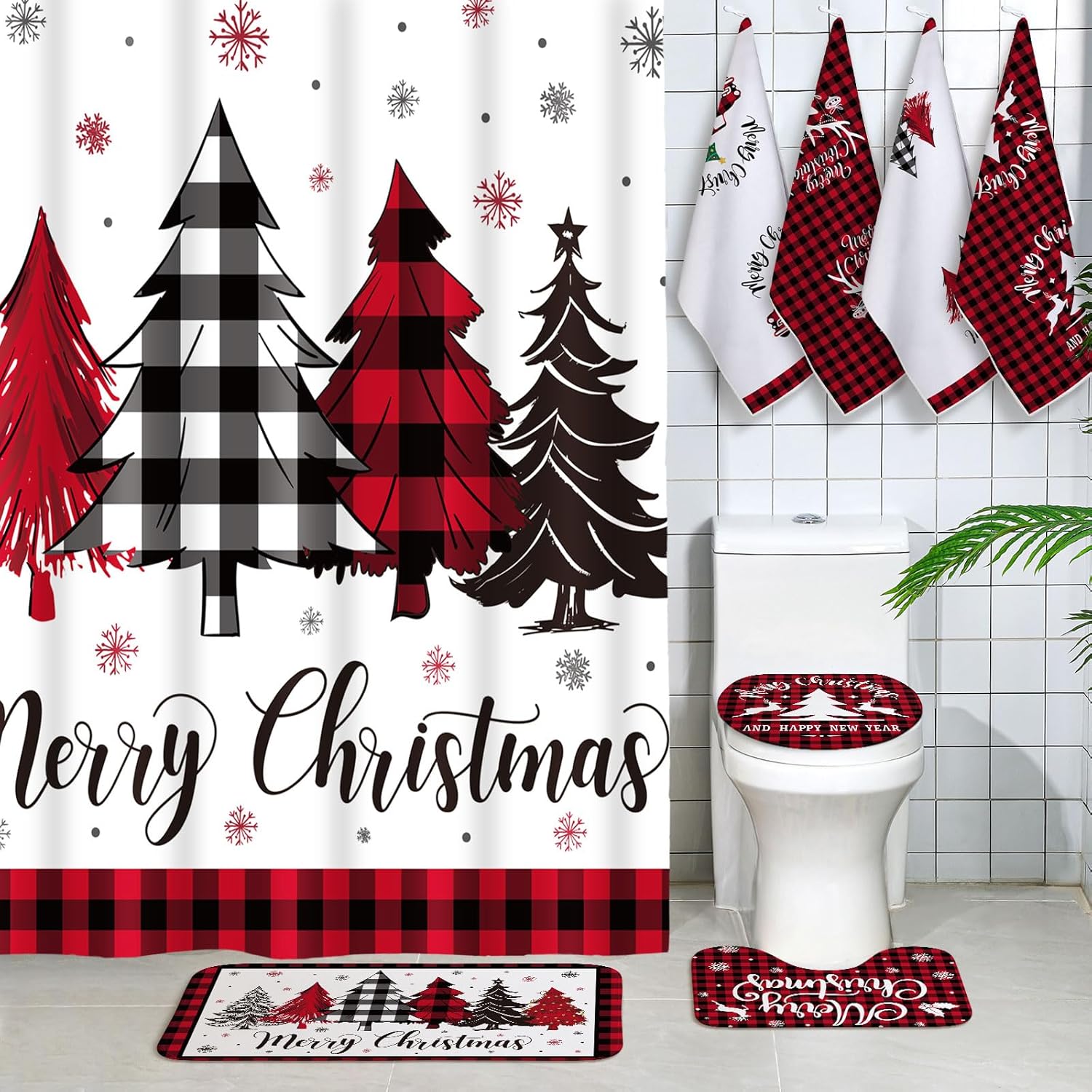 Honoson 8 Pcs Christmas Shower Curtain Set with Rugs and Kitchen Towels Buffalo Plaid Christmas Tree Bathroom Decor Merry Christmas Shower Curtain Decorations Xmas Farmhouse Gifts