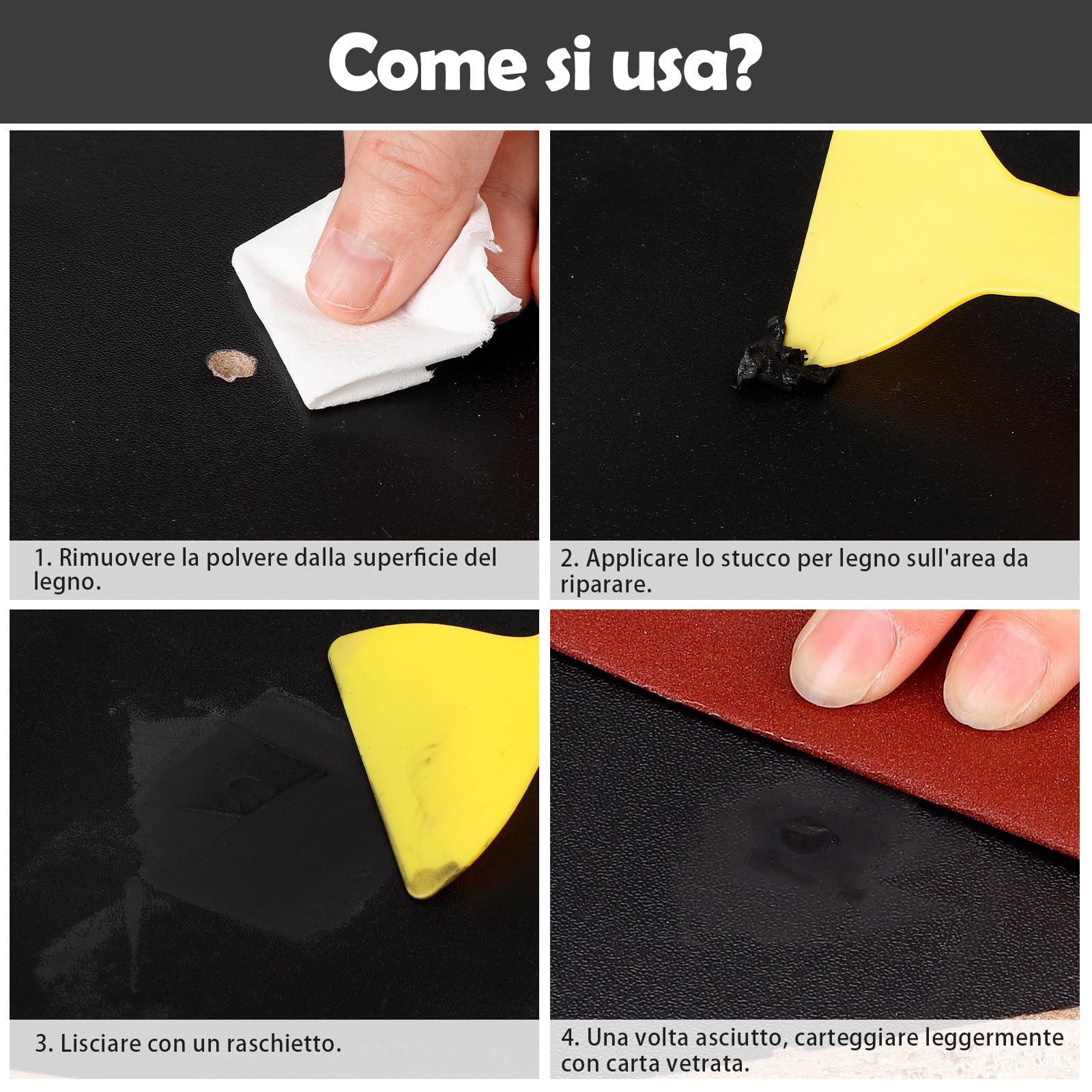 SEISSO 200g Stucco per Legno Nero, Kit di Riparazione per Mobili in Legno Stucco per Legno Mordente Verniciabile Levigabile