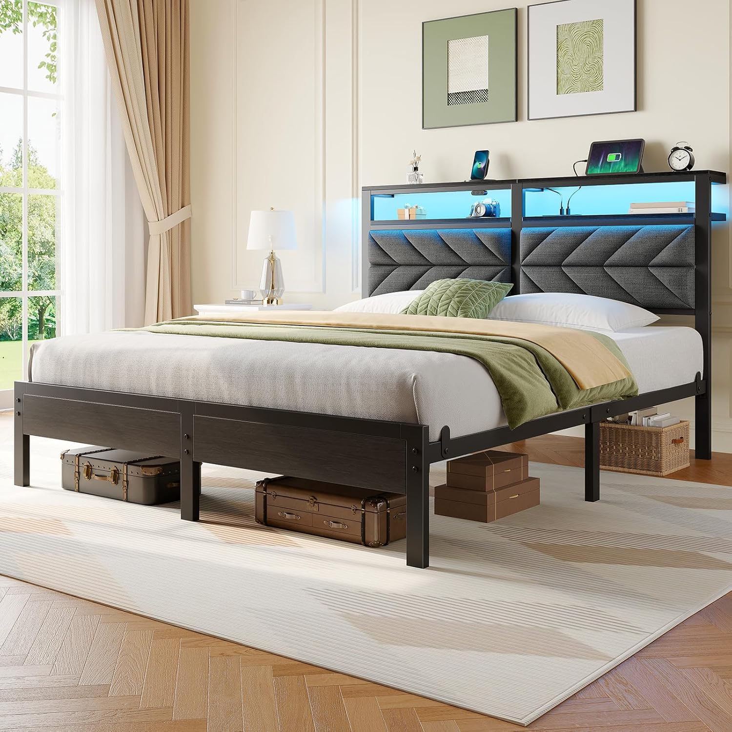 Seventable Full Size Bed Frame with Charging Station & LED Lights, Upholstered Headboard with Storage Shelves, Metal Platform with Under Bed Storage, No Box Spring Needed, Easy Assembly, Dark Grey