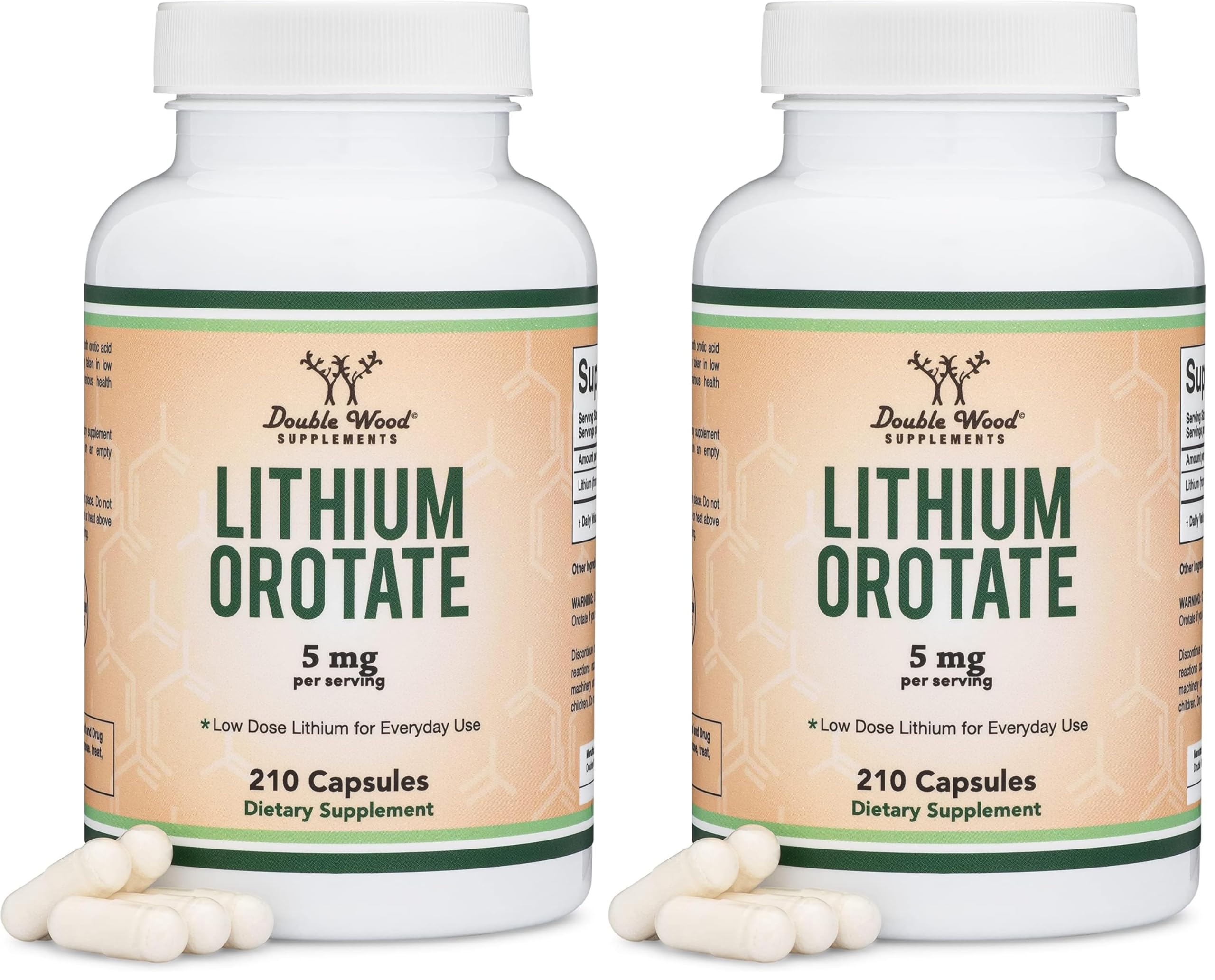Lithium Orotate 5mg of Elemental Lithium for Cognition and Brain Health, 210 Capsules (Third Party Tested, Vegan Safe, Non-GMO) by Double Wood Supplements (Pack of 2) 210 Count (Pack of 2)