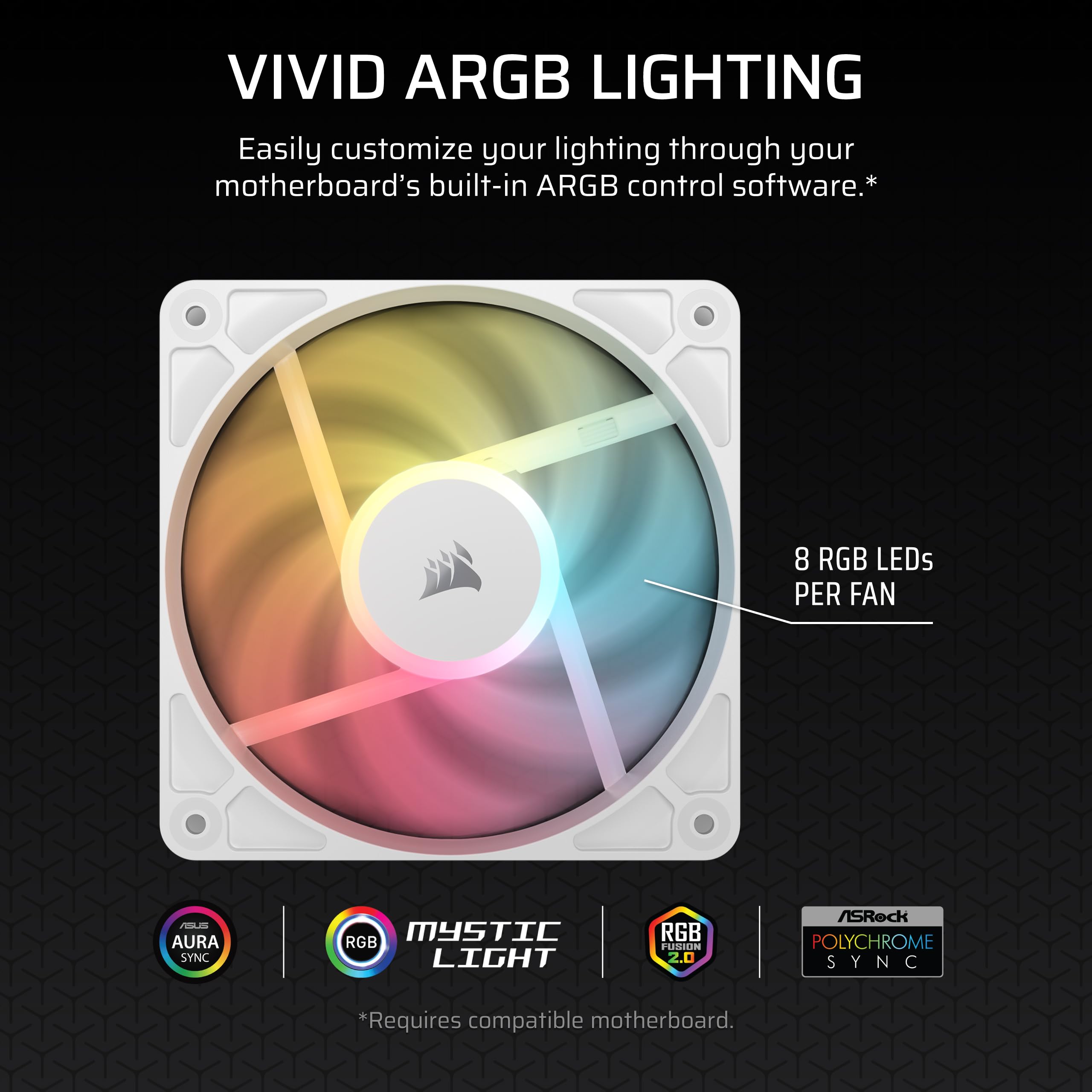 CORSAIR RS120-R ARGB 120 mm PWM Wentylatorów o Odwróconym Przepływie – Odwrócone Łopatki Wentylatora, 8 Diod LED RGB — Wysokie Ciśnienie Statyczne, Tryb Zero RPM – Zestaw Potrójny – Biały