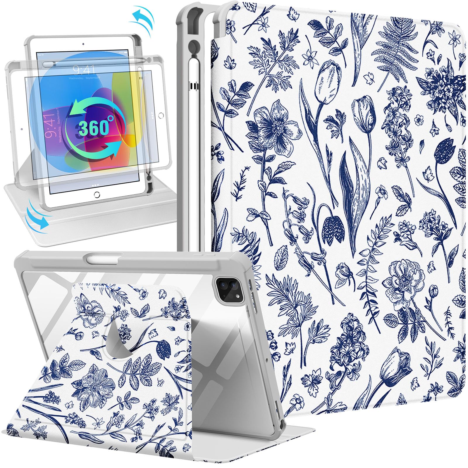 Kidcube for iPad Air 13 Inch Case M3 2025/M2 2024, for iPad Pro 12.9 Cases (2022/2021/2020/2018) - Women Girls Cute Folio Cover with Pencil Holder Kawaii Girly Blue Floral Flower Design Rotating Stand