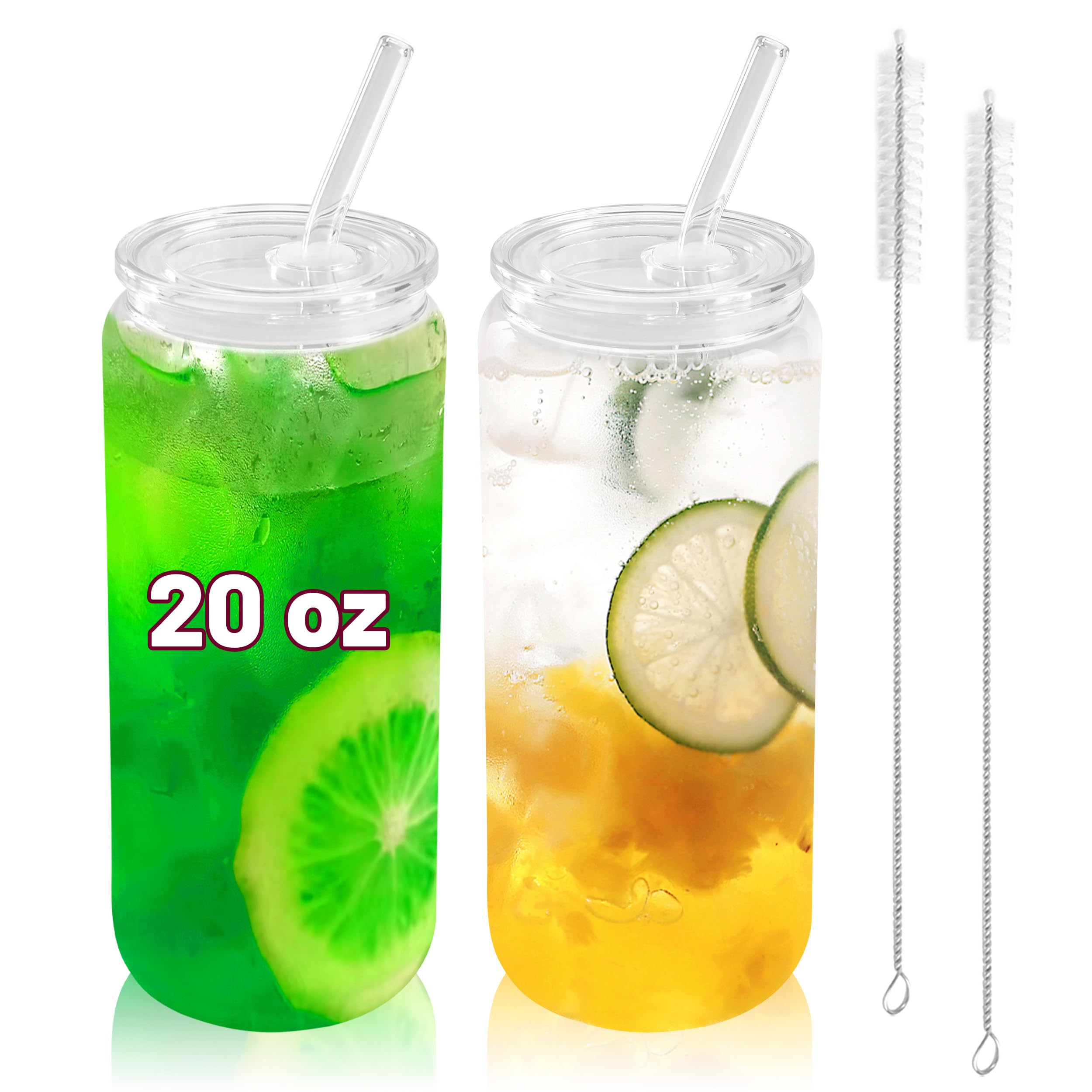 Joyclub Vasos de vidrio de 20 onzas con tapas acrílicas y popotes, 2 tazas de café helado de vidrio con tapas, vasos para beber, bonitos vasos ideales para batidos, refrescos, té, cóctel, cerveza