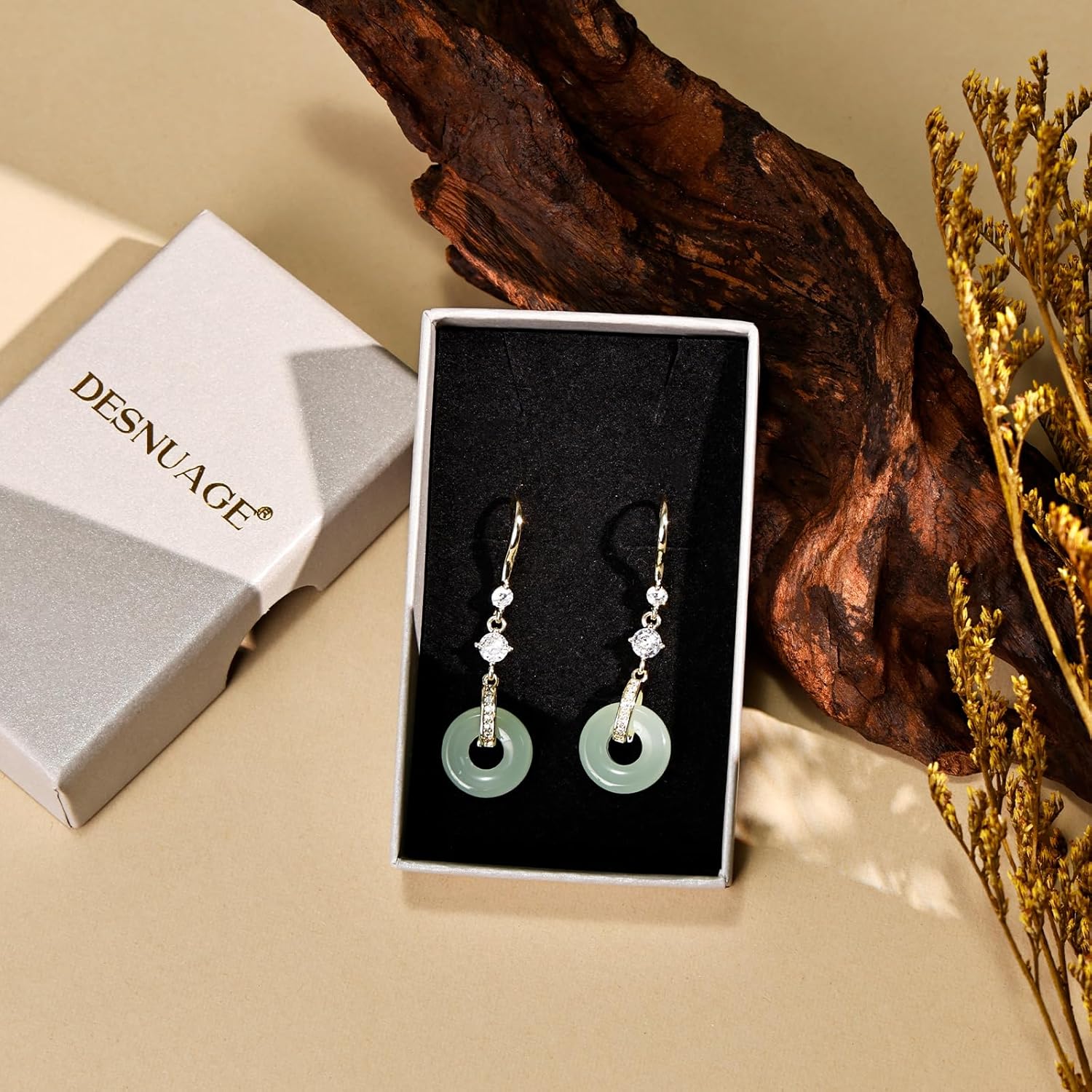 Handmade Vintage Jade Earrings for Women 14K Gold Plated Dangle Drop Earrings with Cubic Zirconia Green Jade Jewelry - Image 7