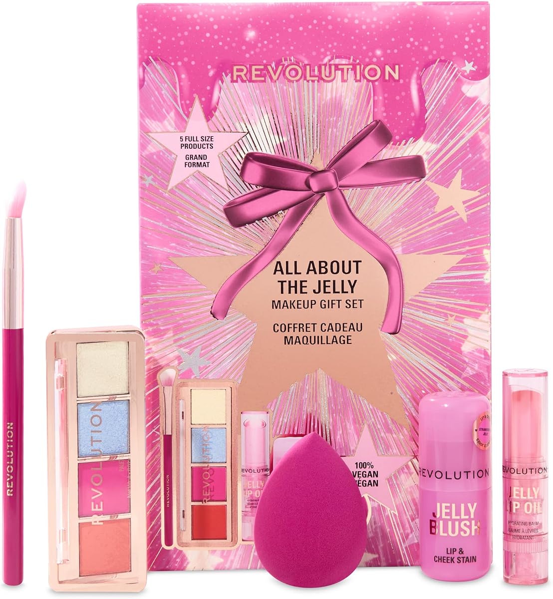 Revolution All About The Jelly Makeup Set, 5-Piece Beauty Gift Set for Eye, Face & Cheek, Includes Blending Sponge & Brush, Vegan & Cruelty-Free