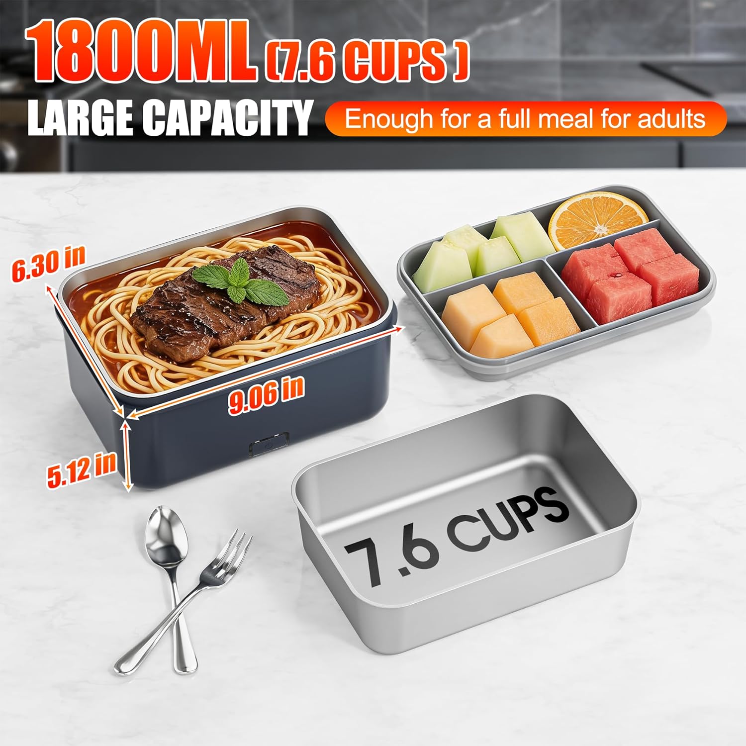 Akhia 7.6 Cups Cordless Electric Lunch Box for Adults, 8000mah Rechargeable Lunch Box with Automatic Heating, Gray Cordless Battery Powered Heated Lunch Box for Office/Outdoor/Truck Gift for Men Women