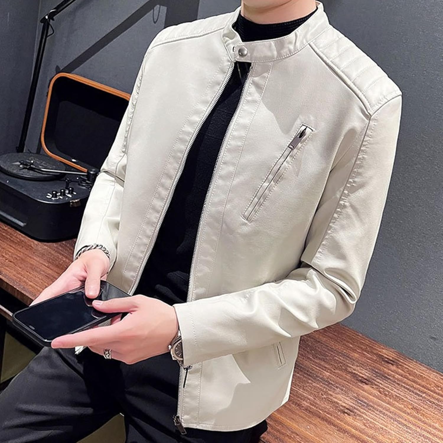 Men's Vintage Stand Collar Faux Leather Jacket Motorcycle Leather Coat Fashion Slim Fit Biker Coats