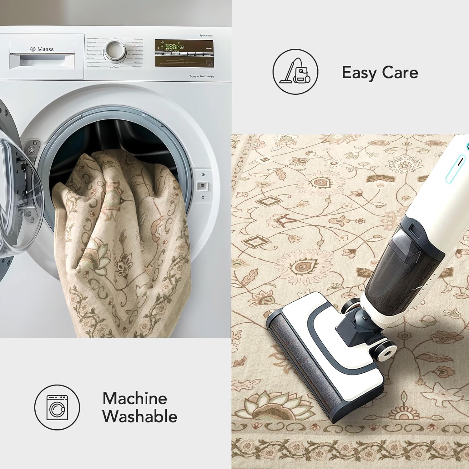 EVERGRACE Area Rugs for Living Room 9x12, Boho Floral Faux Wool Indoor Outdoor Rugs, Washable Rugs for Bedroom Dining Room Entryway Kitchen, Low Pile Floor Mat Carpet for Home Decor, Natural Beige