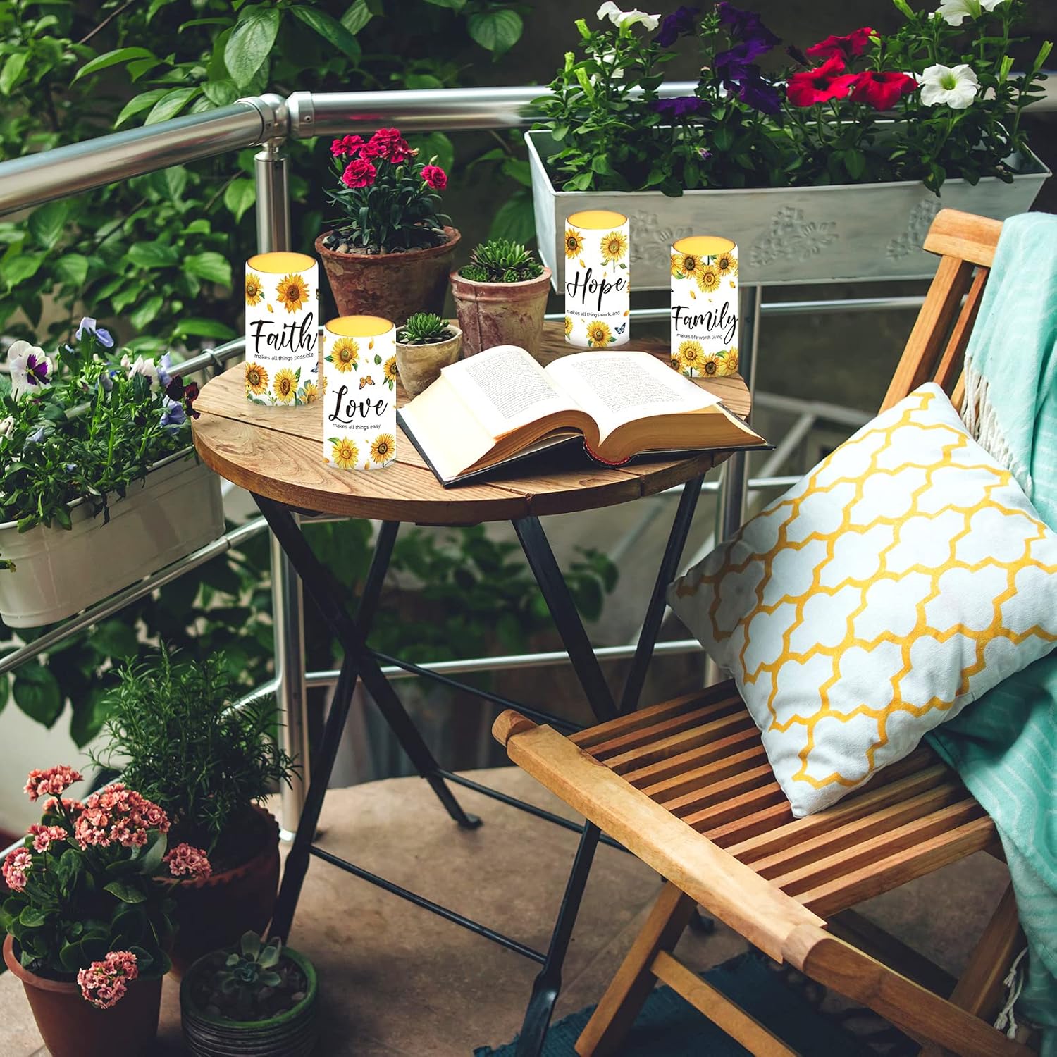 Tiamon Sunflower Flameless Candles LED Love Hope Faith Candles Battery Operated Yellow Floral Flickering with 18 Key Remote Timer Pillar for Summer Holiday Table Decorations