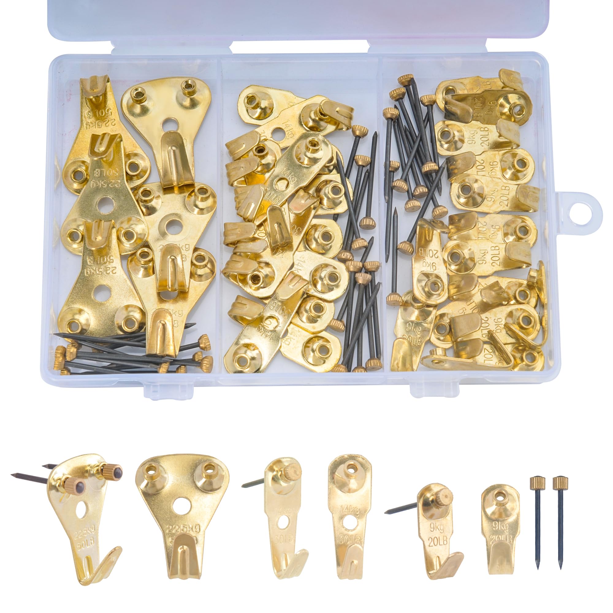 SZWLJ 72PCS Picture Hooks Set, Includes 20,30 & 50 lbs Frame Hooks and Nails - Picture Hanging Kit for Hardwall Hanging of Clocks, Photos, Bags, Canvas Paintings.