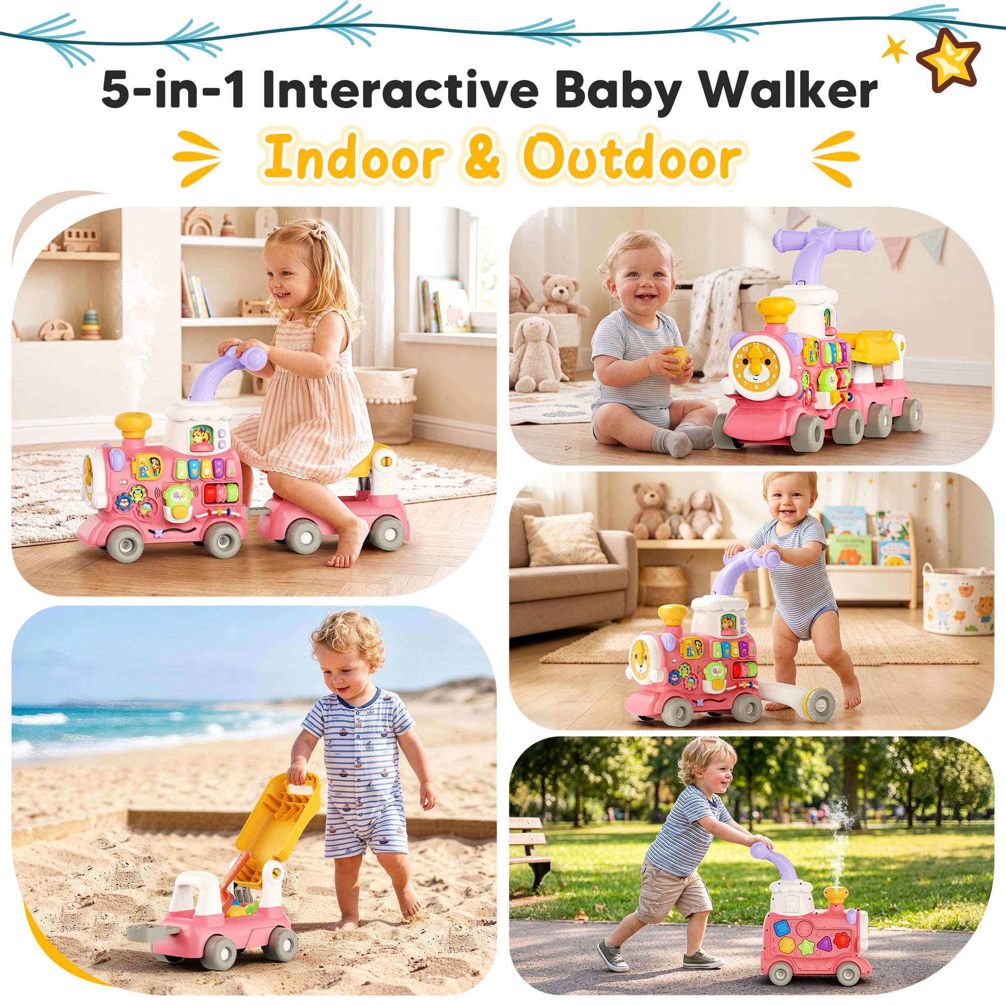 Wielofunkcyjny wózek do nauki chodzenia 5 w 1 od 6 miesięcy, pociąg Baby Walker z centrum aktywności, muzyką i funkcją rozpylania, interaktywna pomoc w nauce chodzenia, zabawka przesuwna