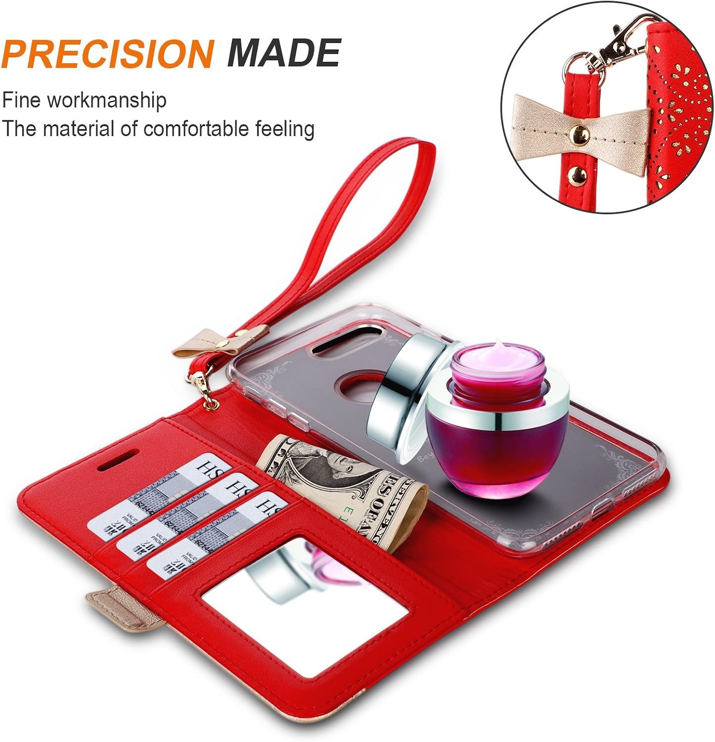 WWW iPhone 8 Plus Case,iPhone 7 Plus Case, [Mirror Series] RFID-Resisting PU Leather Case Kickstand Flip Case with Card Slots and Mirror for iPhone 7 Plus/8 Plus Red