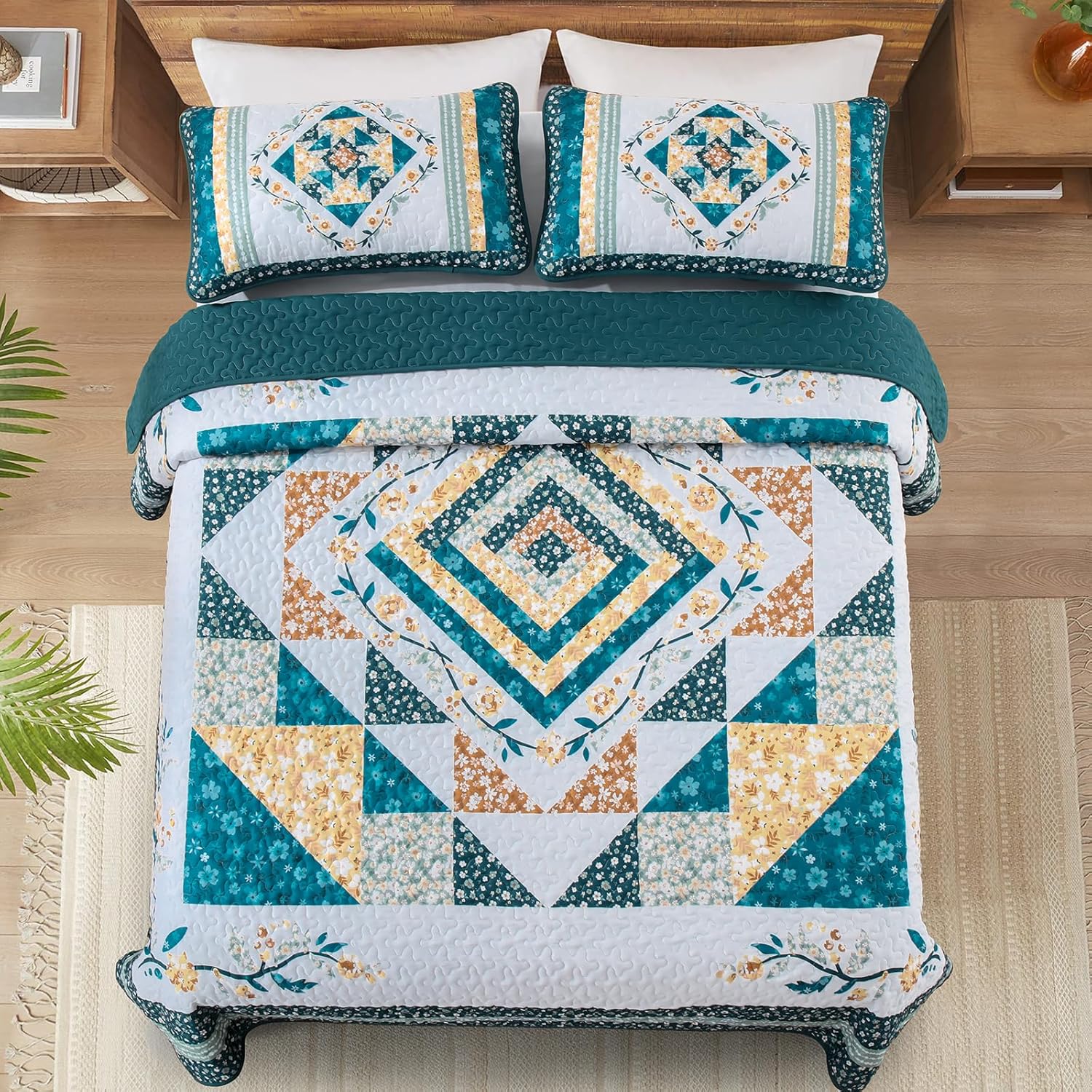 Dobuyly King Quilt Bedding Set,Vintage Floral Patchwork King Bedspread Teal Lightweight Coverlet Bedding Set with 2 Pillow Shams 110"x90"