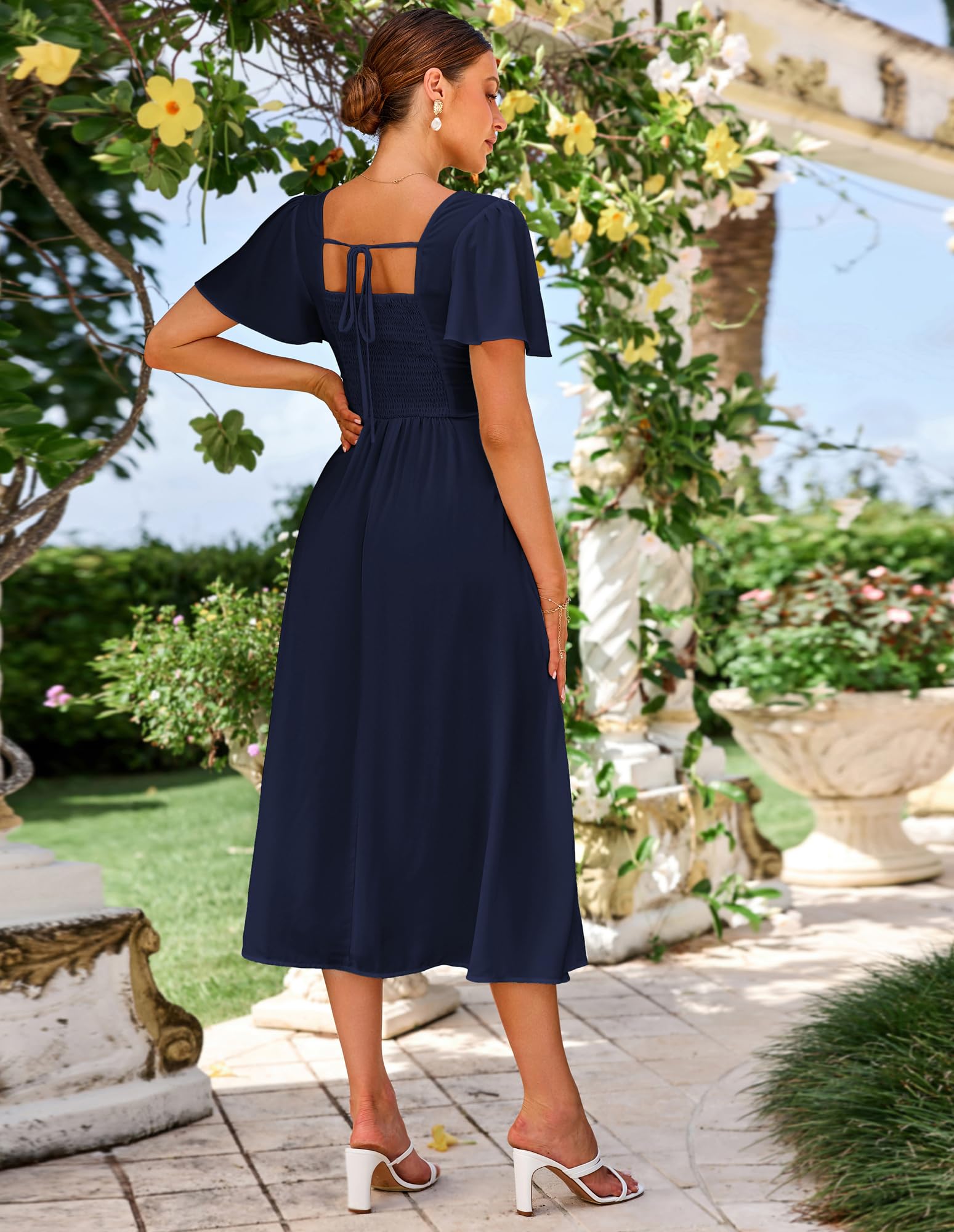Grace Karin Damen Elegant Sommerkleid V-Ausschnitt Kurze Ärmel Rückenfreies Kleid mit Bindung Dunkelblau M – Bild 4