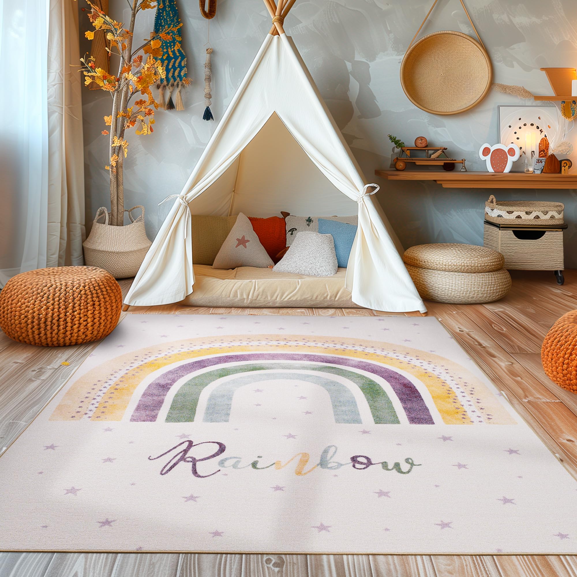 SIMPEX Alfombra habitación Infantil diseño arcoíris Alfombra Infantil Moderna alfombras habitación bebé Alfombra Color Crema Lavable y Antideslizante Crema, 140 x 200 cm