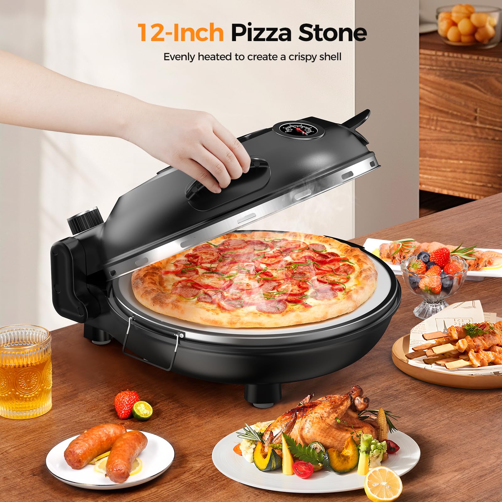 Pizza Oven, Electric Pizza Oven Indoor, 1200W Countertop Pizza Ovens, Pizza Oven for 12 Inch Pizza Stone, with Viewing Window, Check Pizza Cooking At Any Time
