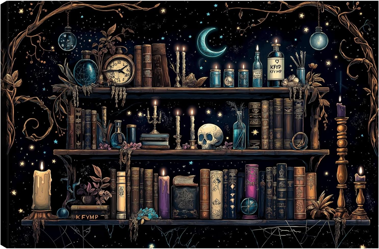 KFYMP Practical Magic Decor, Halloween Wall Art, Witchy Kitchen Wall Art, Witchy Bookshelf Prints Pictures for Home Living Room Bedroom 16x24 Inch, halloween gifts for women Witch’s Bookshelf 24"L x 16"W