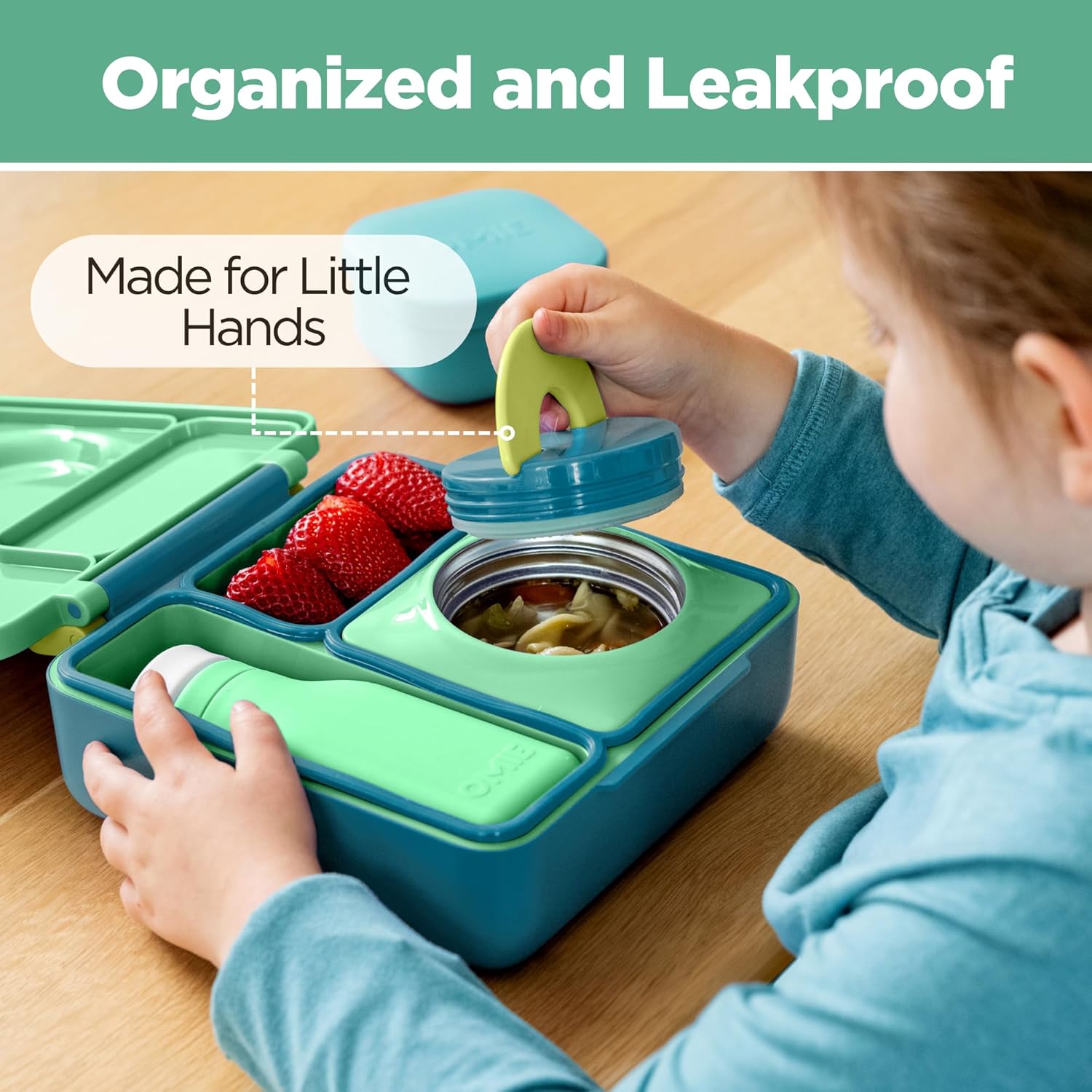 OmieBox Bento Box for Kids - Insulated Bento Lunch Box with Leak Proof Thermos Food Jar - 3 Compartments, Two Temperature Zones - (Meadow) - Image 6