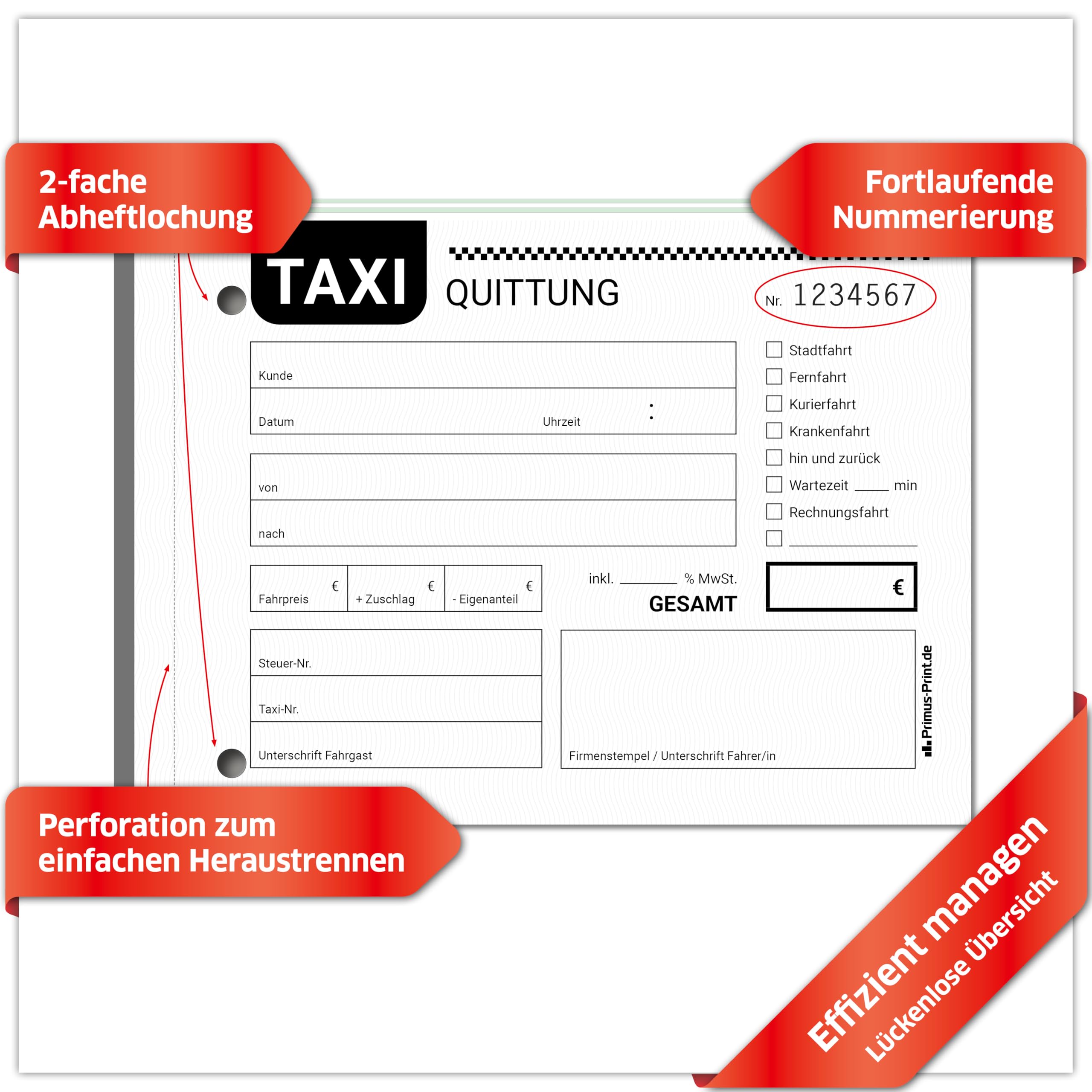 Primus Print TAXI Quittungsblock 5x DIN A6 quer & gelocht, 2x50 Blatt mit Durchschlag, selbstdurchschreibend, mit Perforation und Nummerierung - Quittung - Rechnungsblock - Taxi-Fahrpreisquittung