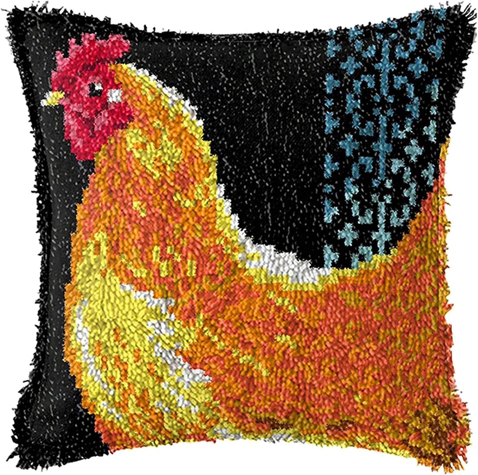 ZFFLYH Latch Hook Kits DIY Throw Pillow Cover Sofa Cushion Cover Cushion Cover Embroidery Craft Kit for Adults And Beginners Pattern Printed Canvas Creativity Crochet Gift 17X17 Inch,Chicken