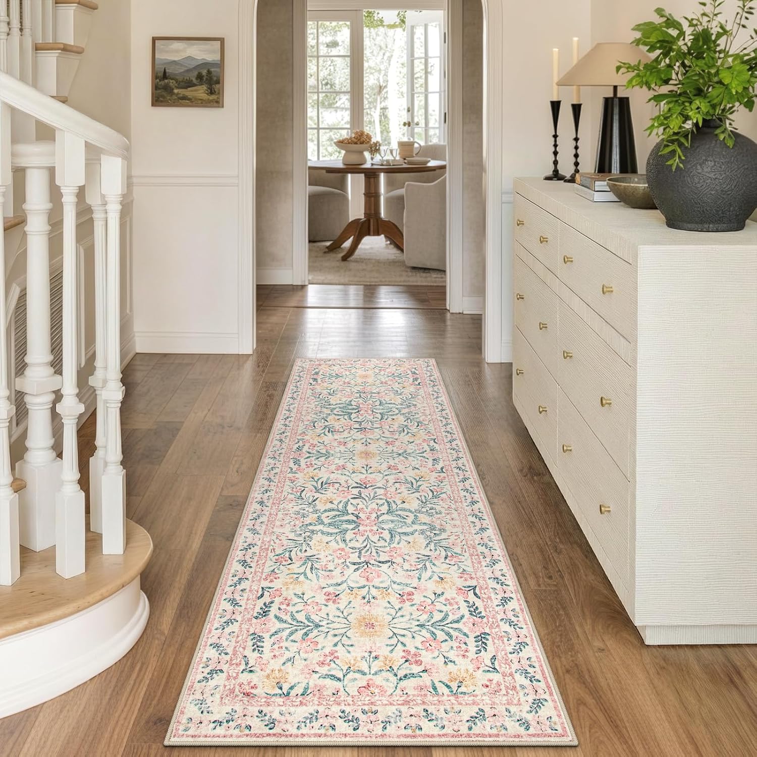 Morebes Boho Hallway Runner Rug 2x6, Pink Floral Kitchen Runner Rugs for Bedroom Girls, Washable Non Slip Super Soft Indoor Throw Carpet for Bathroom Laundry Room Entryway