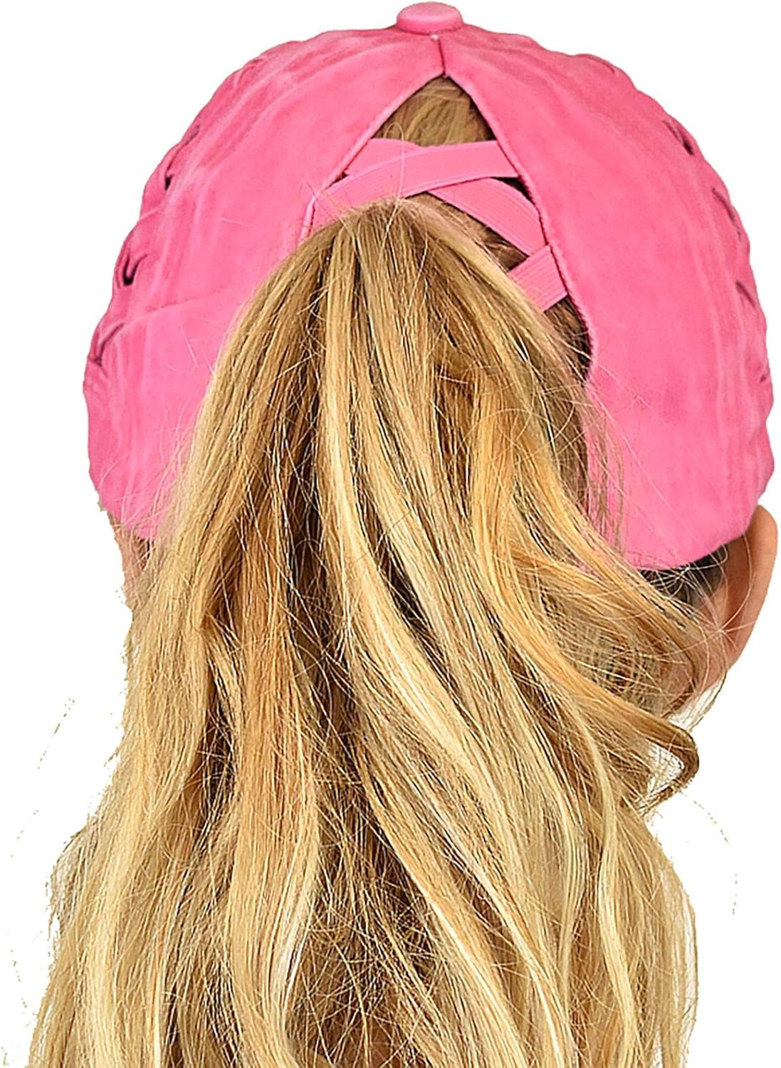 C.C Criss Cross Pattern Ponycap Adjustable Messy High Bun Ponytail Baseball Cap, Pink