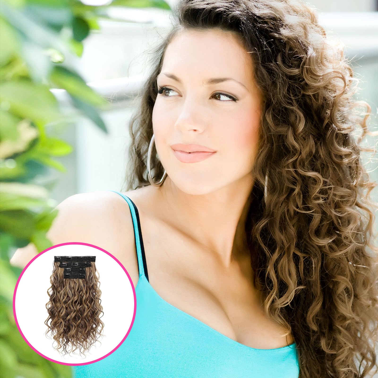 LunarCharm extensiones de cabello rizado de 4 piezas, 40 cm extensiones de cabello con clip, cortas invisibles naturales para mujeres, marrón chocolate con reflejos