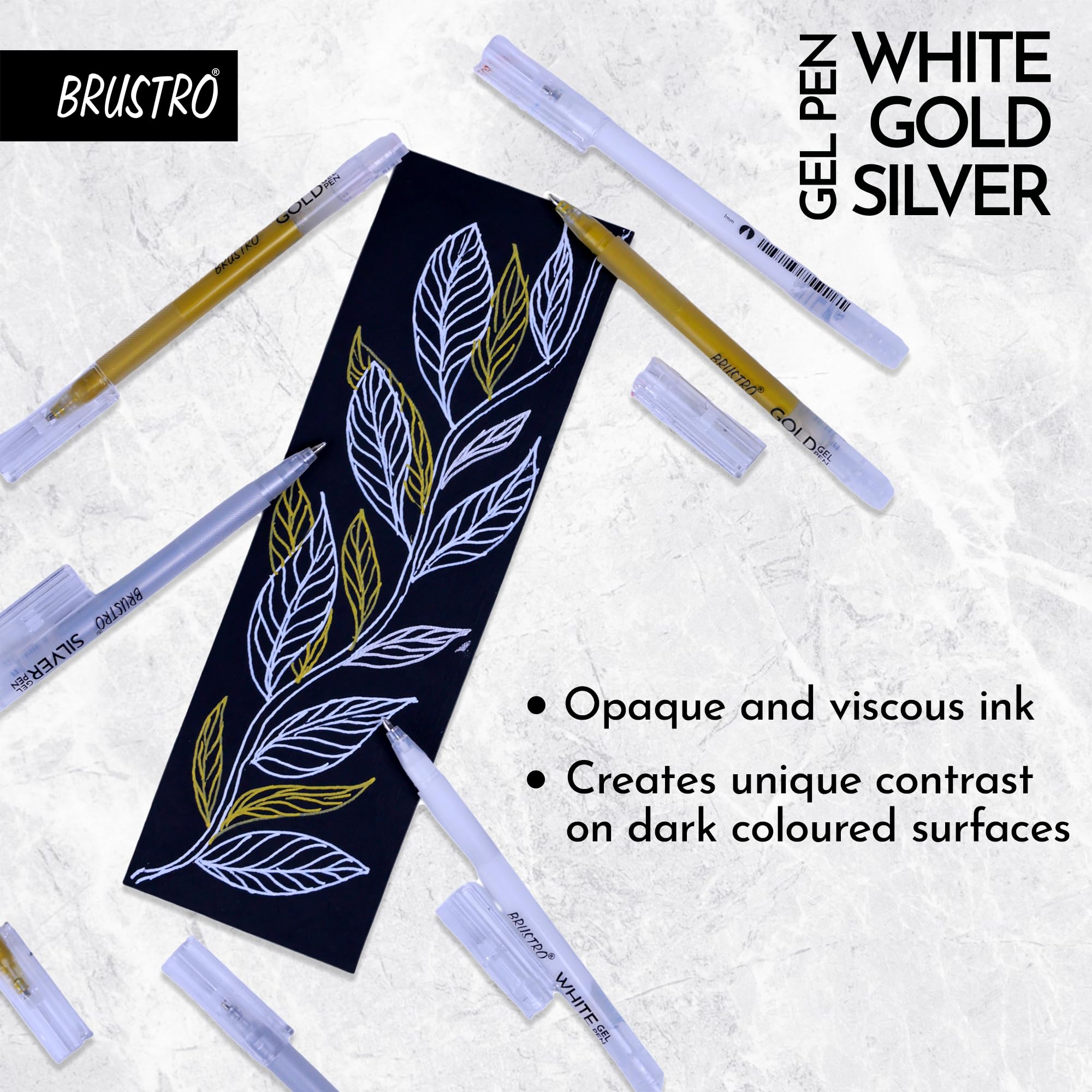 BRUSTRO Assorted Gel Pen (White, Gold and Silver)|1mm Metal Tip - Set of 3,Opaque and Viscous Ink|Ideal For Drawing,Writing,Highlighting,Doodling,Scrapbooking,Mandala Art,Illustration 3
