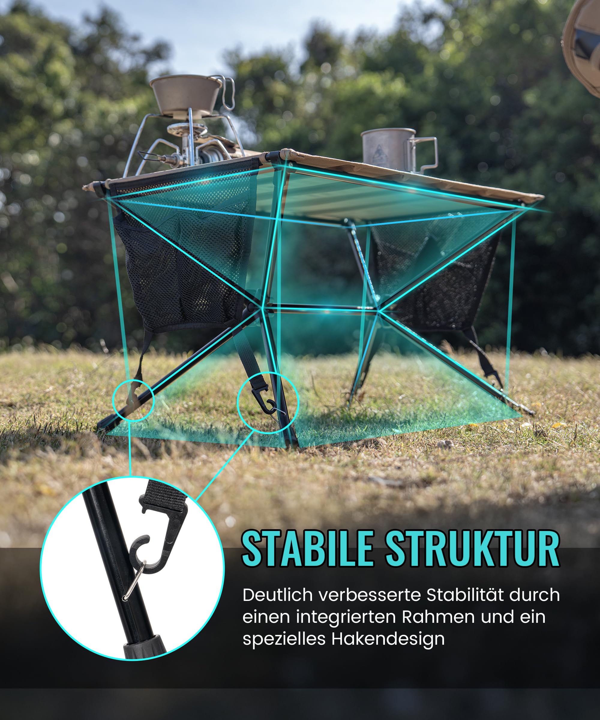 OneTigris VENTARA faltbar Campingtisch klappbar, Camping Tisch Klapptisch mit Tragetasche und Netztasche, Kleiner Tisch Outdoor Ultraleicht für Angeln Wandern 61,5 x 43 x 38 cm (Kojote Braun)