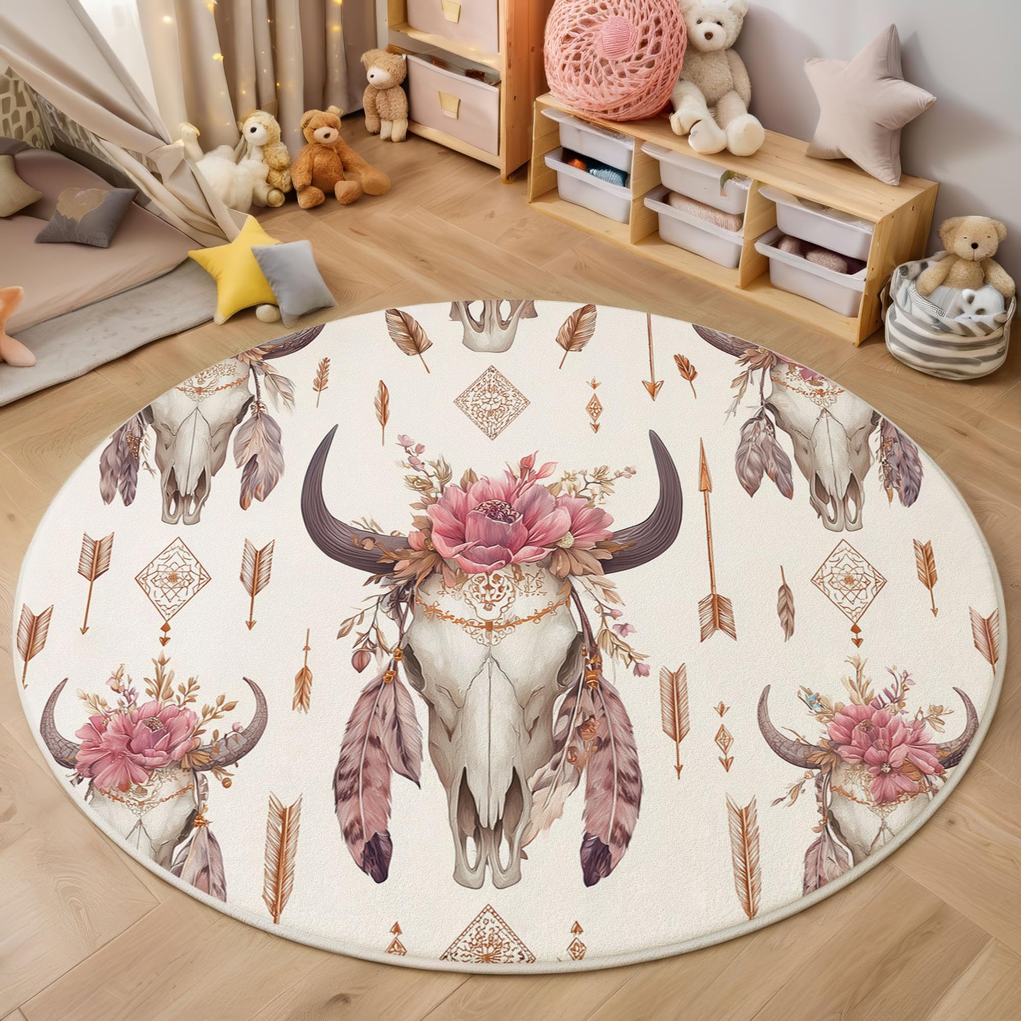 Tapis rond aquarelle imprimé crâne de taureau et flèche doux 120cm