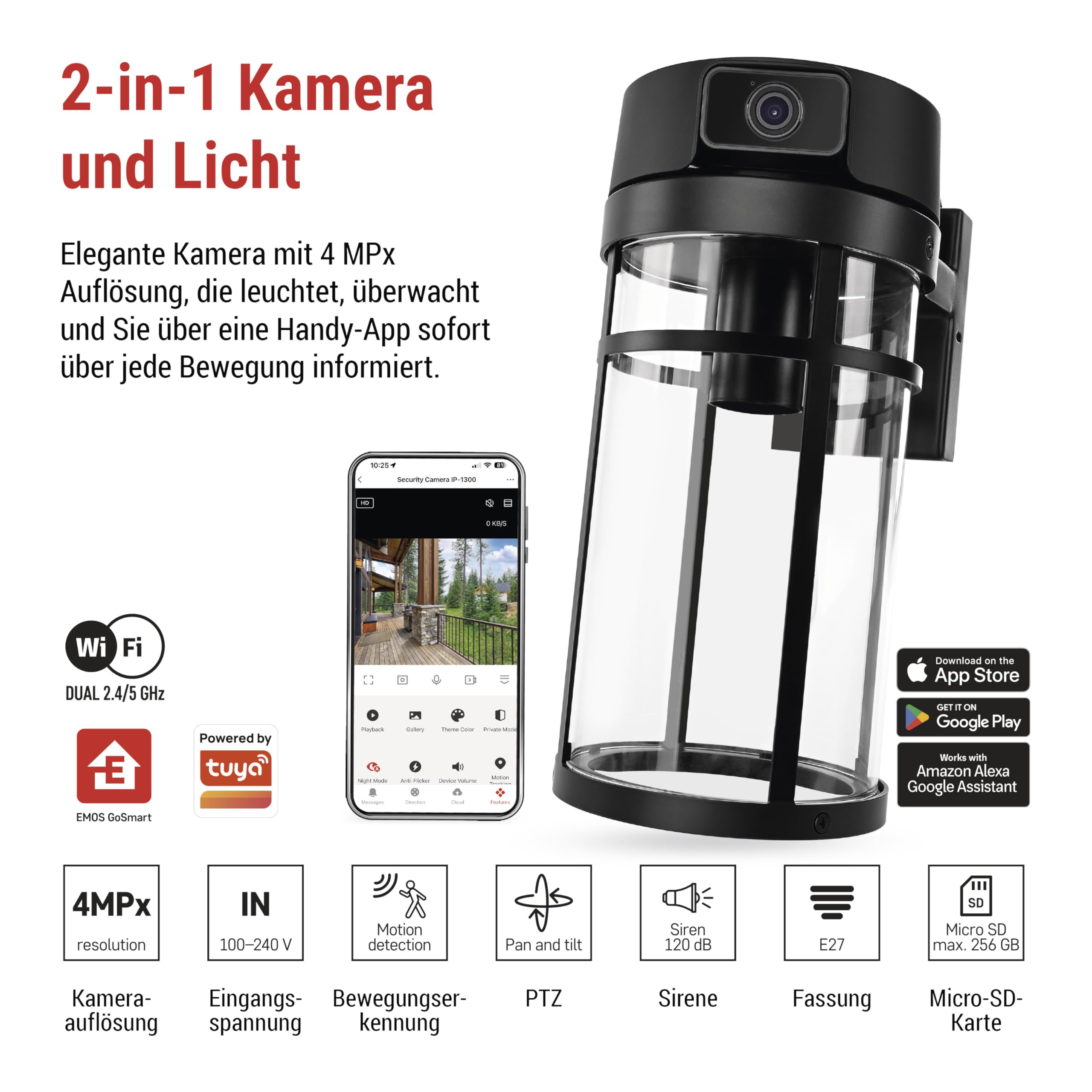 EMOS GoSmart - Smarte Außenkamera mit WLAN & Licht, 4MP 2,5K Überwachungskamera - drehbar mit Bewegungserkennung, Nachtsicht bis 10 m, 2-Wege-Audio - für E27-Lampe - IP44 - Tuya/GoSmart App - schwarz