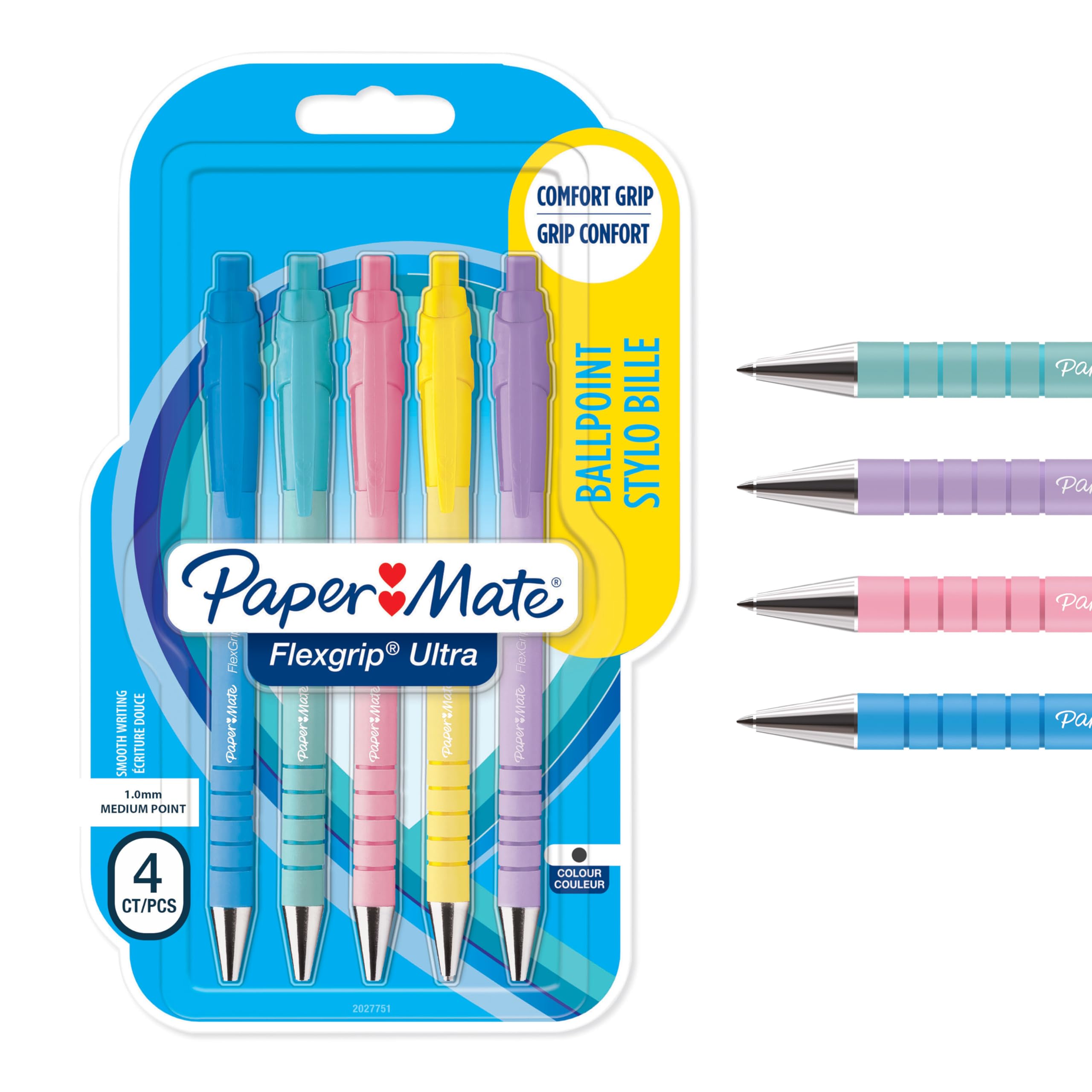 Paper MateFlexgrip Ultra Pastel Ballpoint Pens | Medium Point (1.0mm) | Black Ink | Pastel Barrels | 5 Count