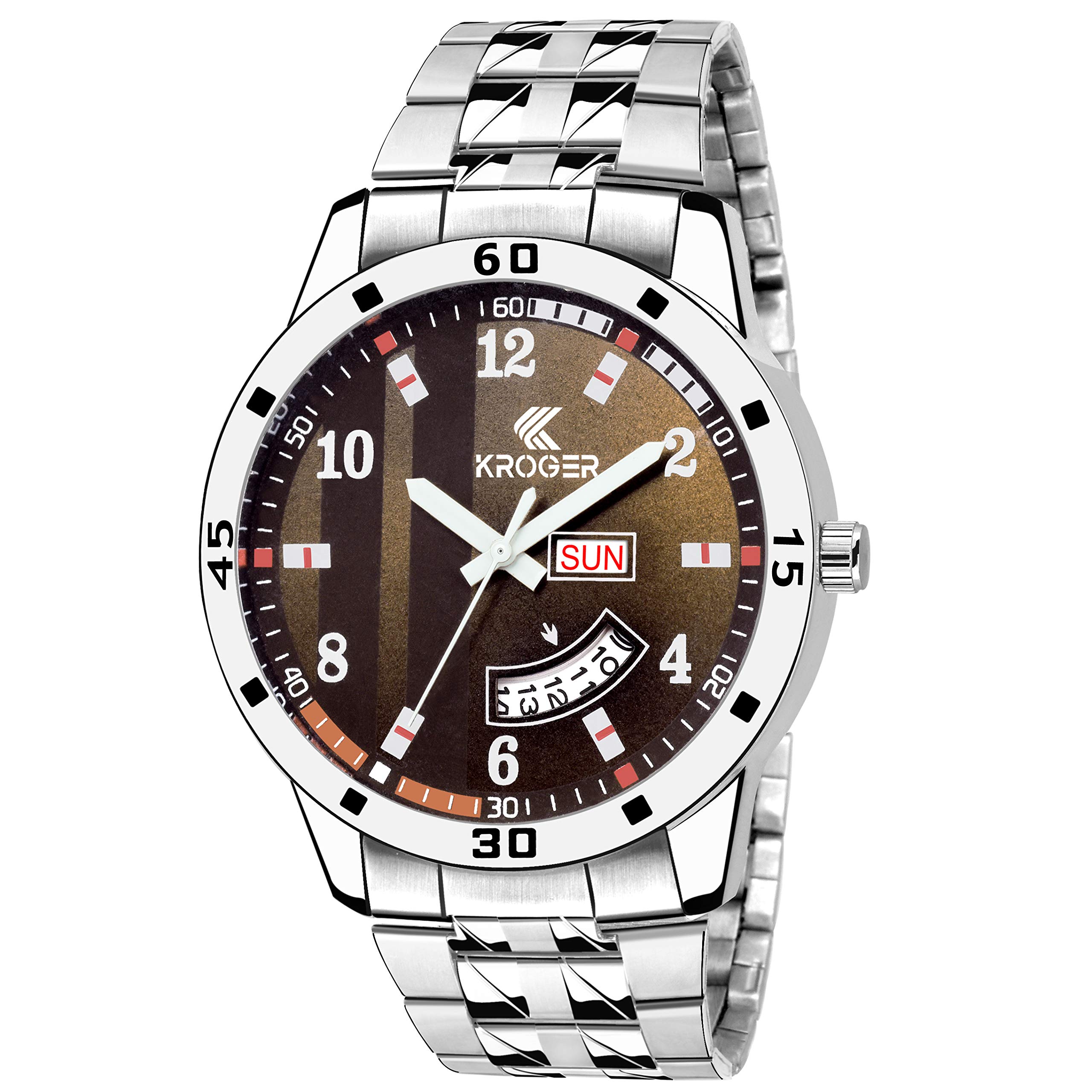 K-KROGER Caramel Analog Brown Dial Day Date Watch Boys & Mens Wristwatch (Brown Dial Silver Colored Strap) (B07G5YM9VF) Amazon Price History, Amazon Price Tracker