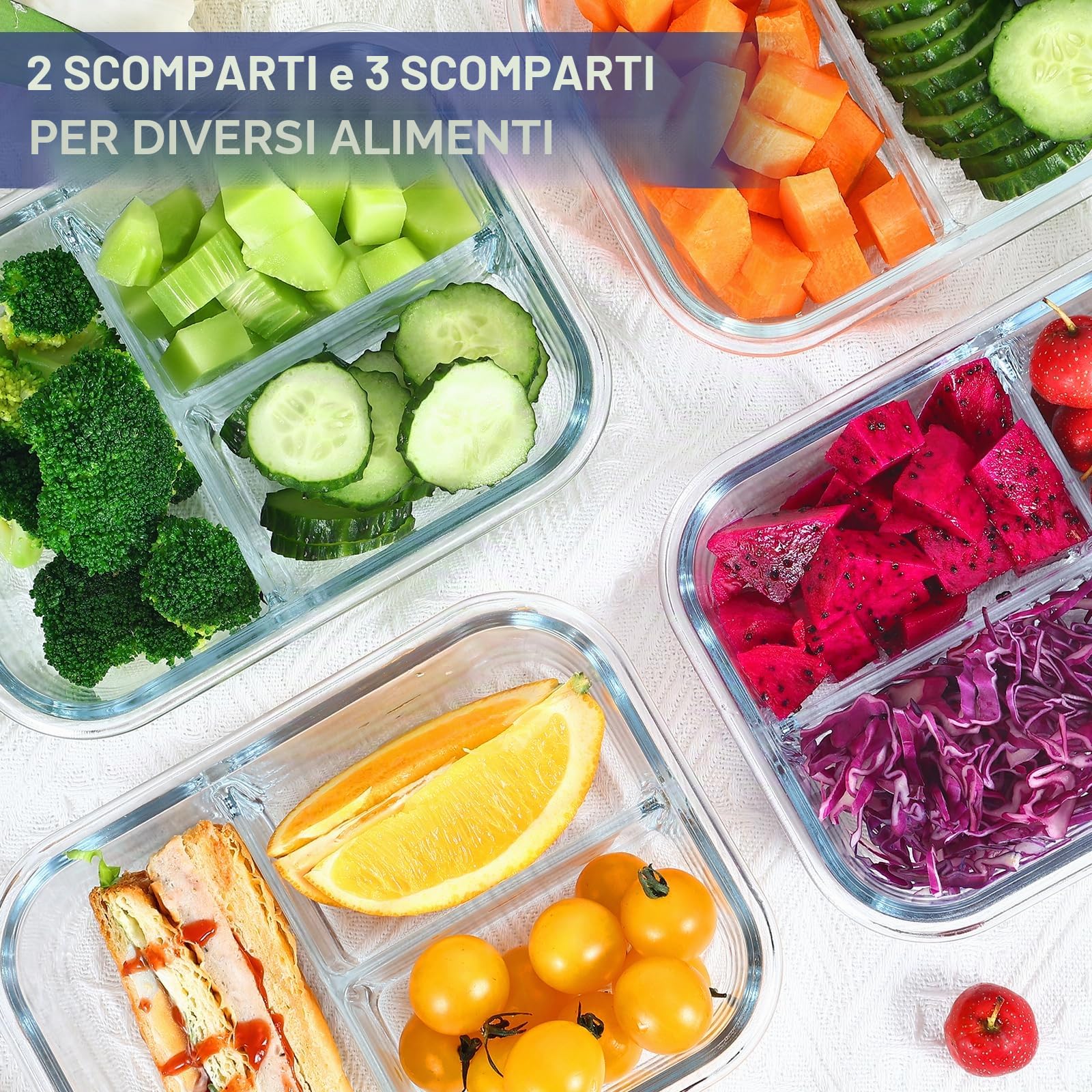 Contenitore in vetro con coperchio Meal Prep, 2 & 3 scomparti (4 pezzi, 1040 ml) con coperchio, controllo delle porzioni, ermetico, sicuro per forno e congelatore