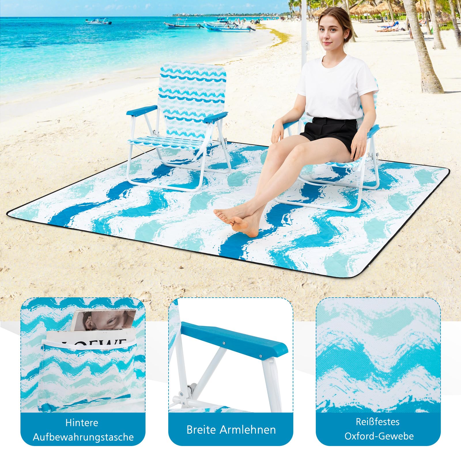 COSTWAY Strandstühle mit Schirm und Stranddecke, Sonnenschirm mit Tragetasche, beidseitig um 30° knickbar, 2 Klappstühle mit Rückentasche, Picknickdecke