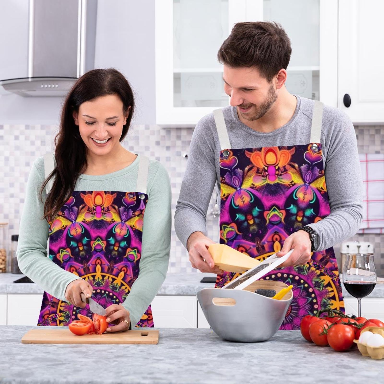 Lot de 2 tabliers de cuisine en lin pour homme et femme - Motif mandala psychédélique - Avec 2 poches réglables - Violet, Mandala psychédélique hippie violet,