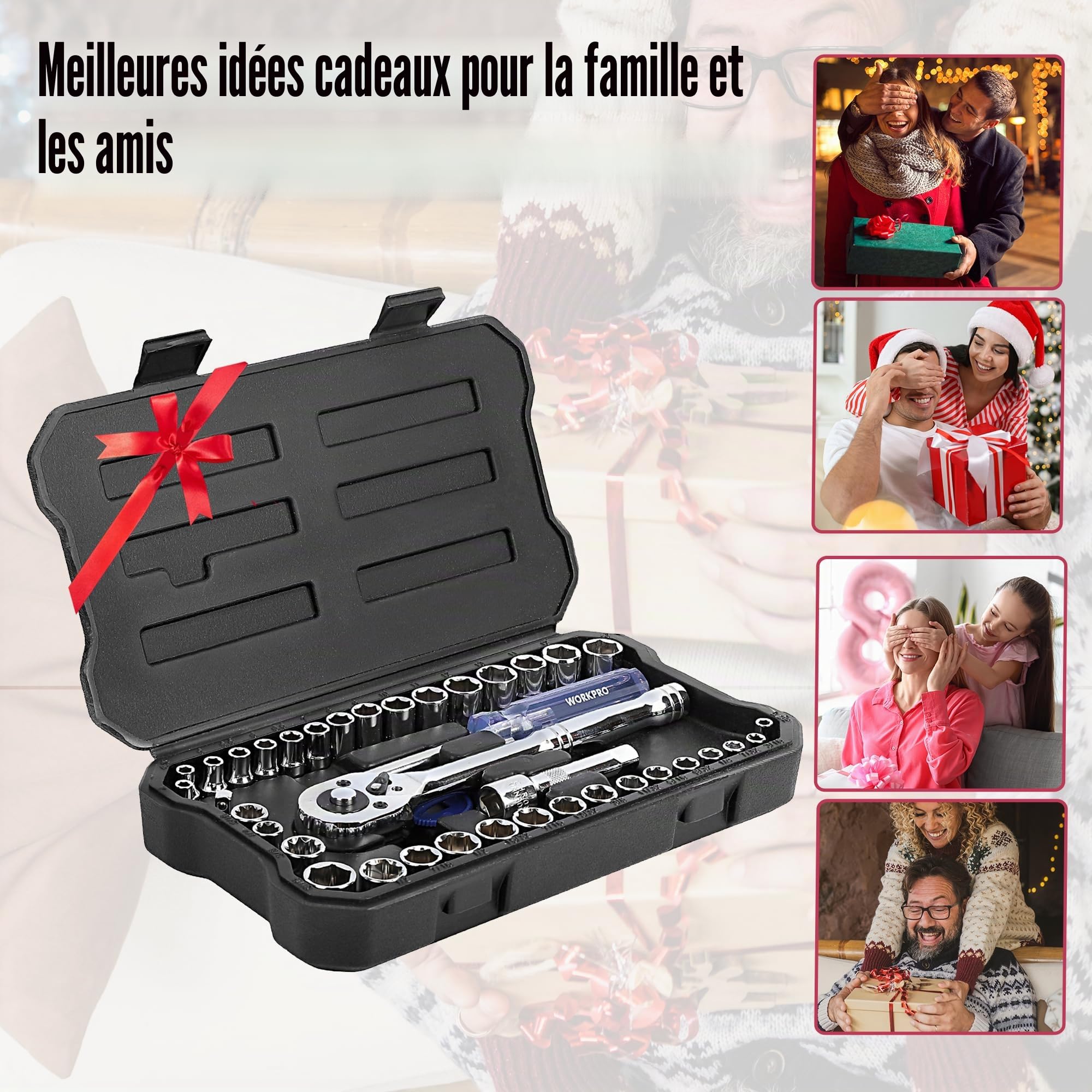 WORKPRO Coffret de Douilles en Cr-V 1/4-inch et 3/8-inch et Clé à Cliquet de Dégagement Rapide (39-Pièce)