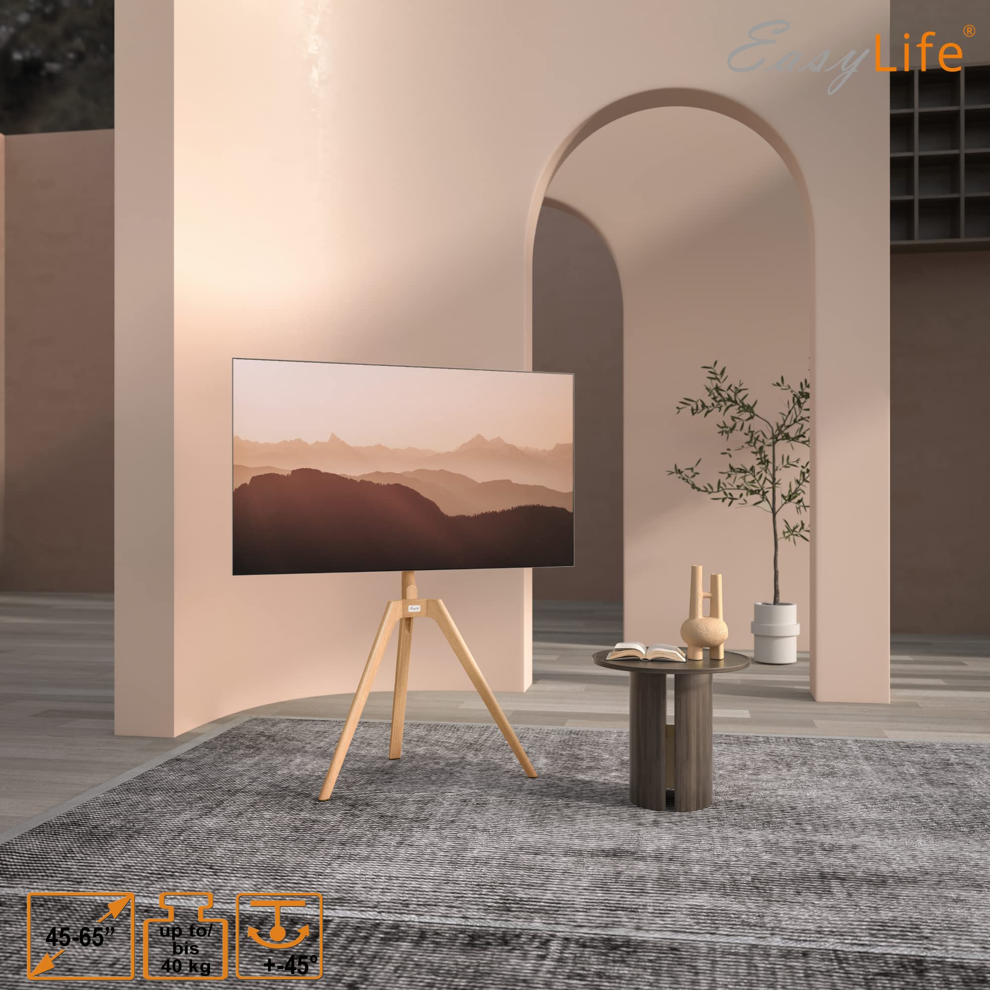 EasyLife – Treppiede per TV in legno Tripod – Studio TV Stand fino a 65 pollici e 40 kg TV/monitor, orientabile, regolabile in altezza, gestione dei cavi, VESA fino a 400 x 400 (Bianco/faggio chiaro)