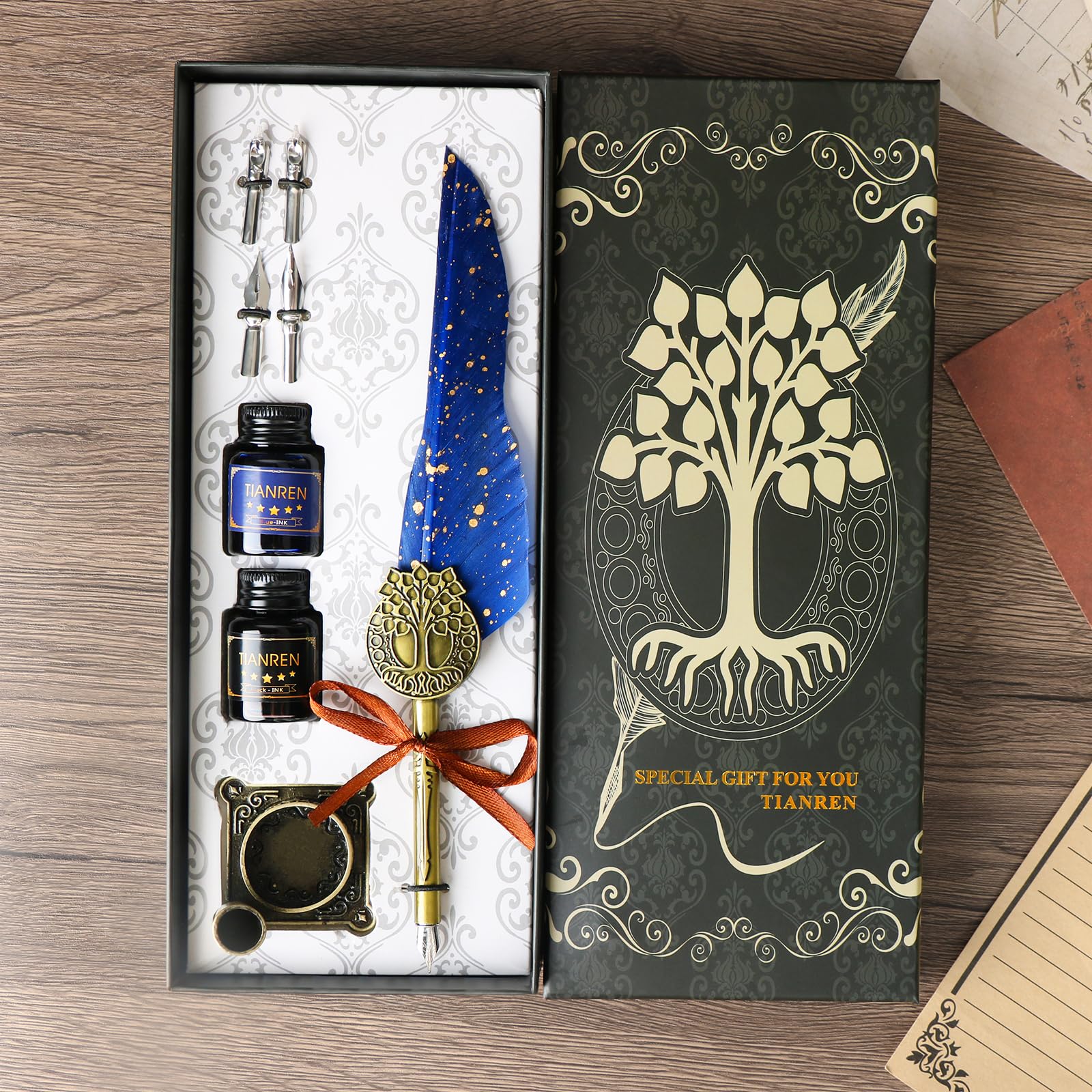 TIANREN Federstift und Tinte, Federstift-Set, antiker Kalligraphie-Stift mit 4 austauschbaren Spitzen, 2 Flaschen Tinte, Stifthalter, Weihnachtsgeschenk für Männer und Frauen. (Blau)