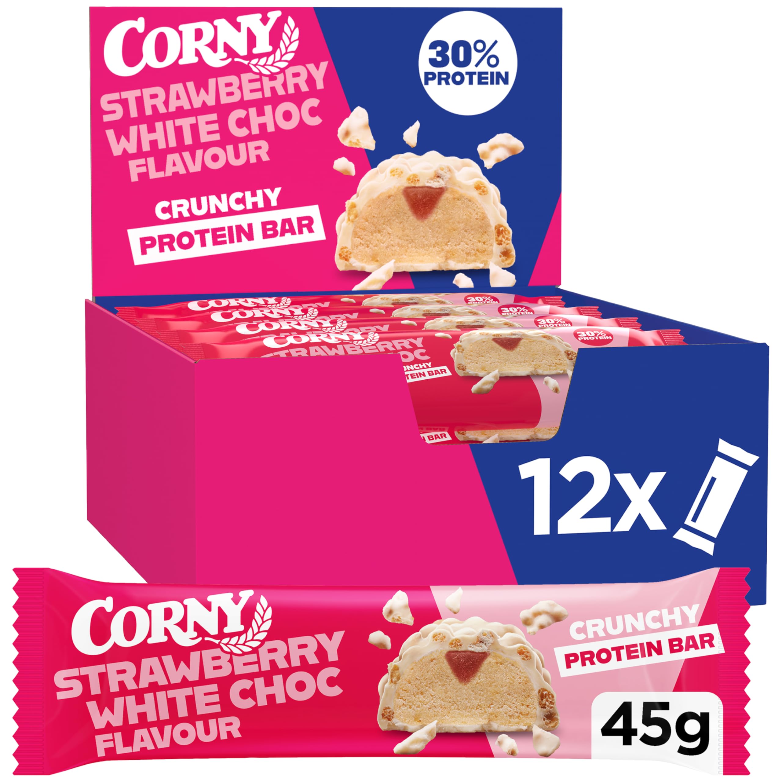 Corny Protein Crunchy White Chocolate Strawberry | 30% Protein | 12 x 45 g