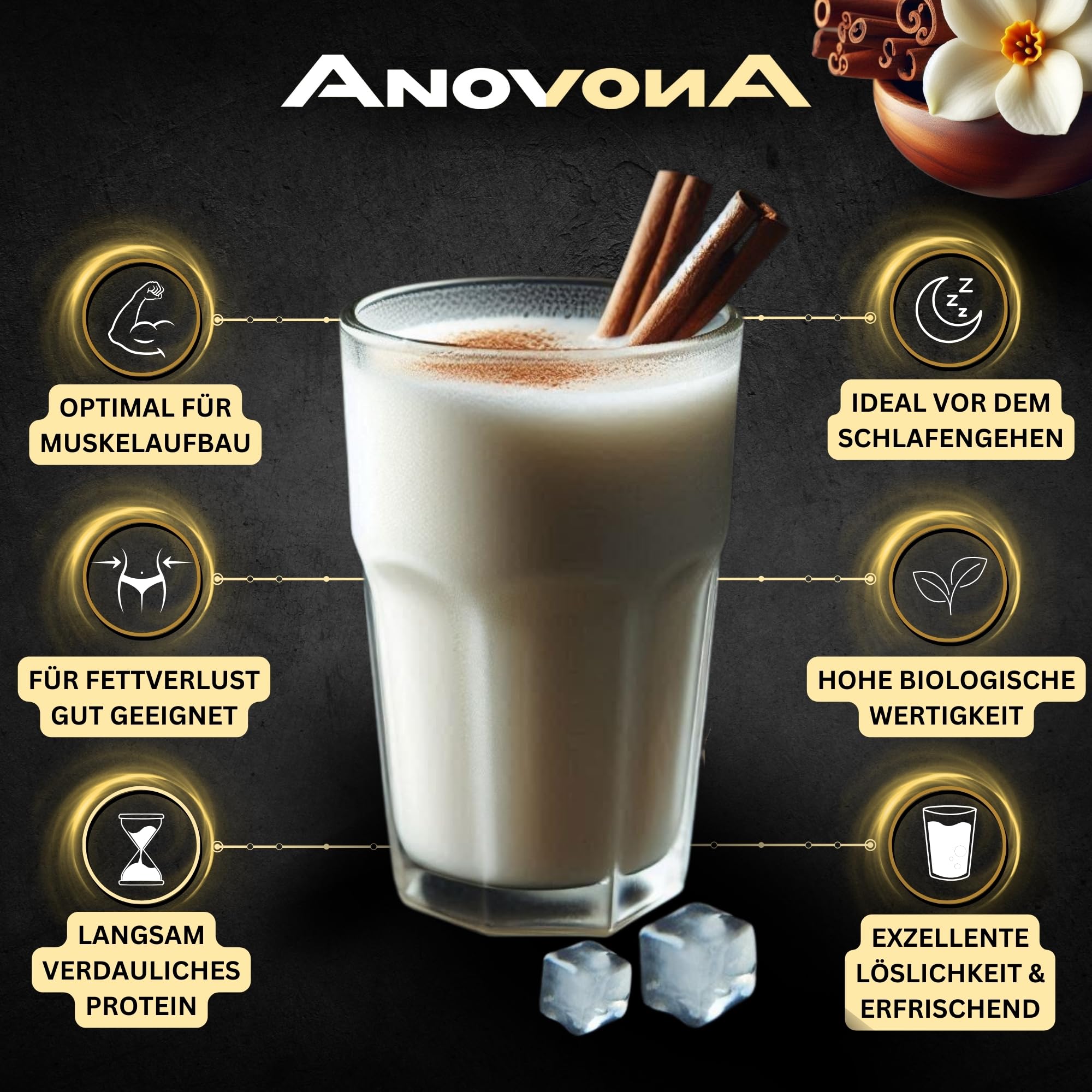 Anovona casineo 8K Protein Pulver: Langanhaltende Sättigung & Muskelaufbau – Casein Protein mit höchster biologischer Wertigkeit– Ideal für Regeneration & Muskelproteinsynthese – Bourbon Vanille, 450g