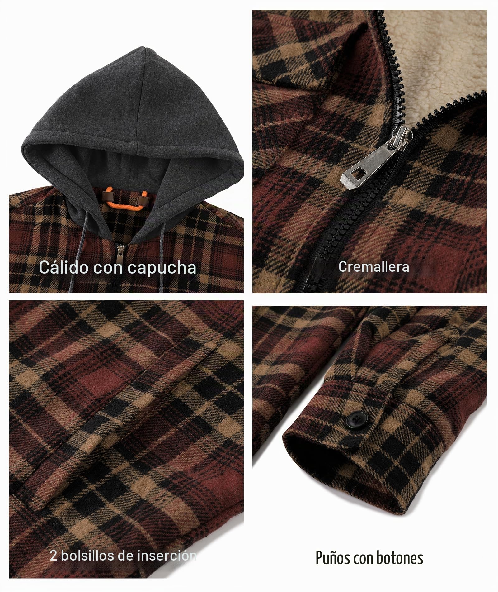 zitysport Camisa Hombres Sherpa Fleece Cuadros Forrada Chaqueta de Invierno Forro Polar Abrigo Bolsillos Chaqueta de Franela Camisa de Exteriores Hombre Sudadera con Capucha