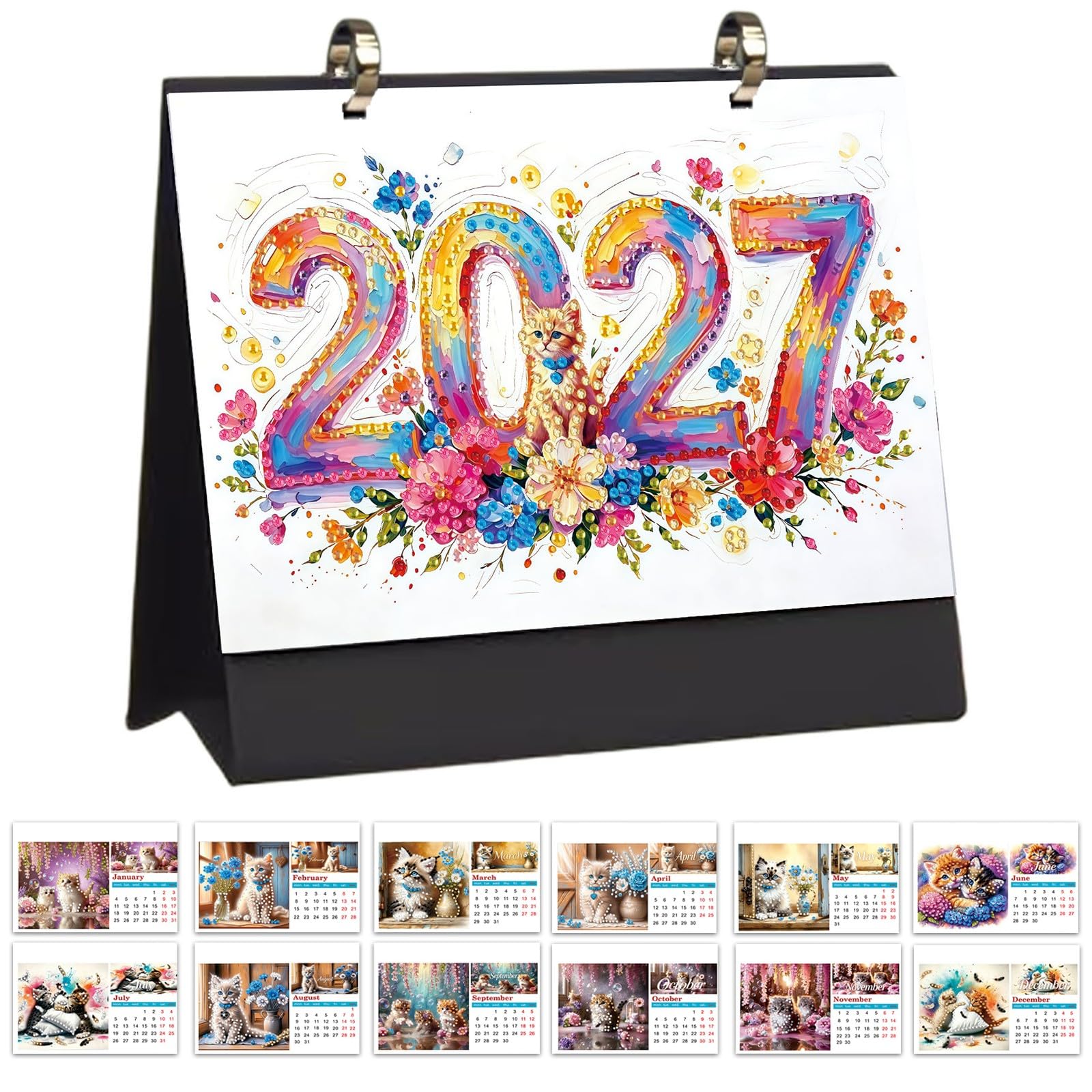 Lebartm 2027 DIY Diamond Art Desk Calendar 17x21cm Gemstone Painting Monthly Flip Tabletop Calendar for Home Office Decor Planning Handmade Craft Gift-Cat