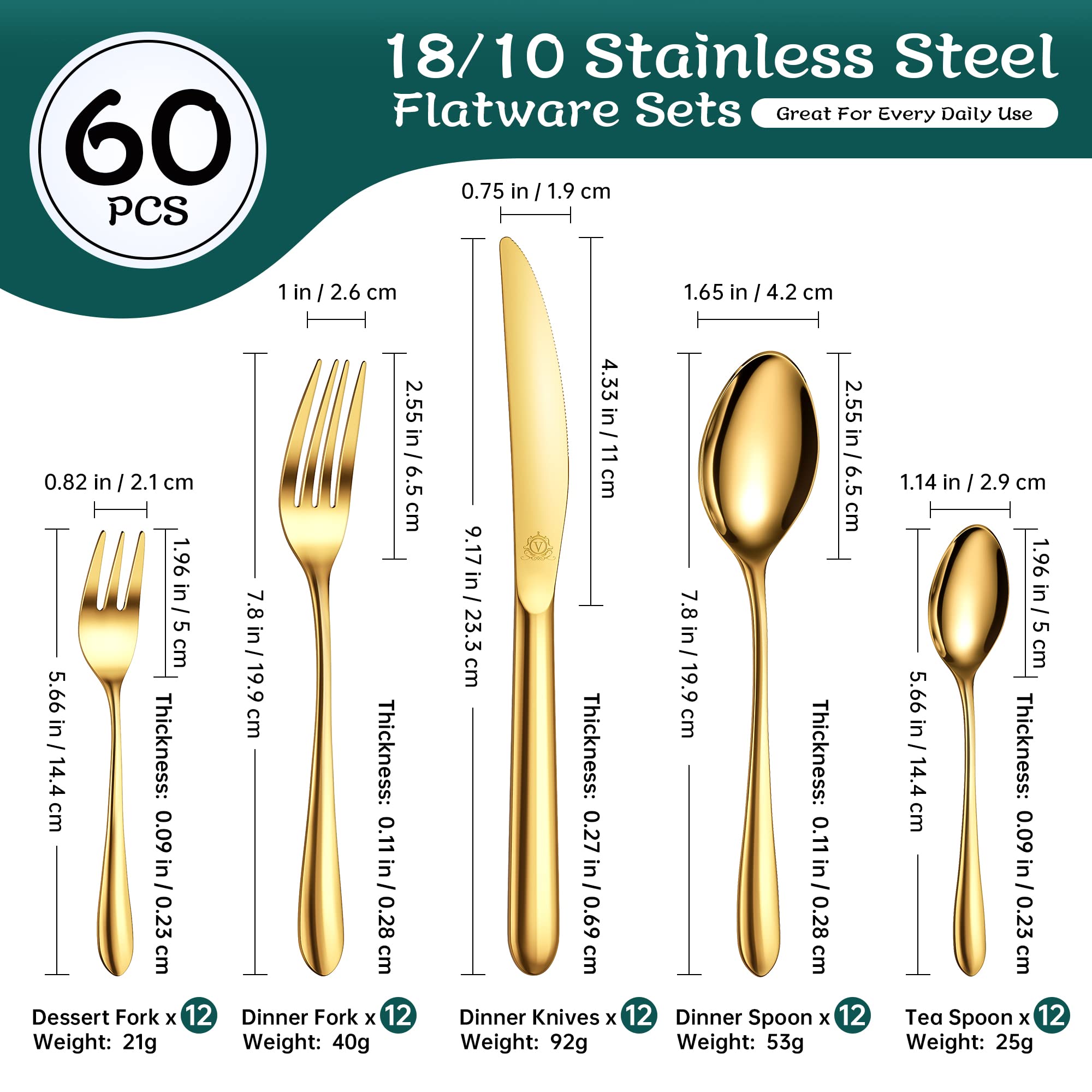 vancasso Besteck Set,60-Teilig Gold Set 12 Personen,Besteckset mit Messer/Gabel/Löffel/Dessertlöffel, 18/10 Edelstahl Besteckset Poliert mit Geschenkbox, Spülmaschinenfest