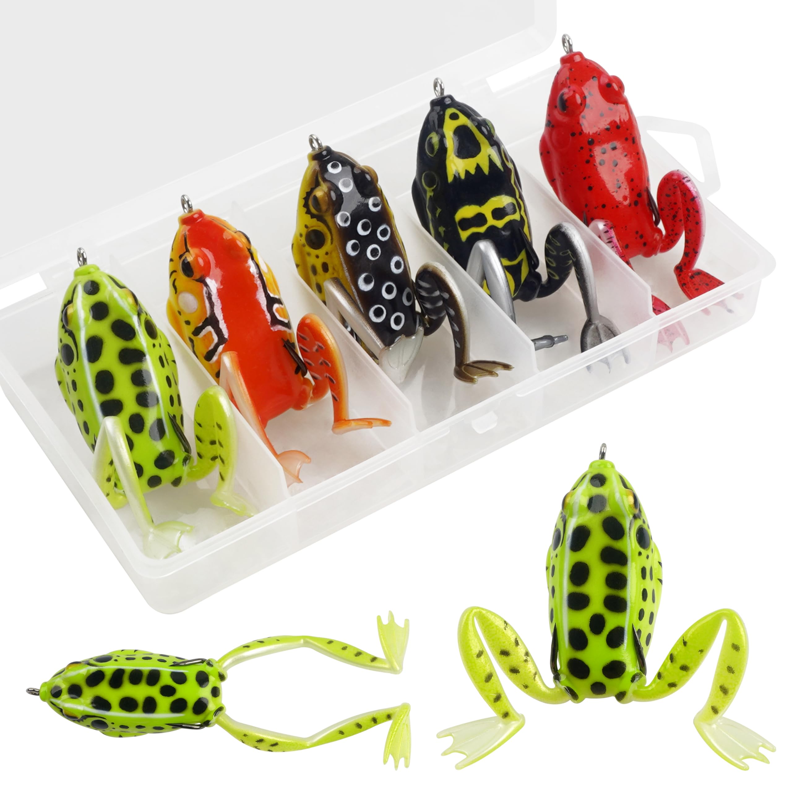 Frog Lures, 5PCS Soft Frog Fishing Lures Frog Baits Lures for Bass Fishing Trout Fishing Lures Kit Soft Swimbait Floating Bait with Weedless Hooks for Freshwater Saltwater
