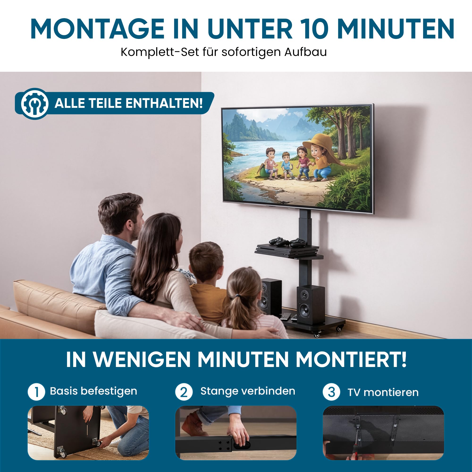 Xantron® TV Ständer Rollbar Höhenverstellbar für TVs bis 75 Zoll [mit Ablagefläche] Fernsehständer mit Rollen/Fernseher Bodenständer/Fernseher Halterung stehend/TV Rollwagen