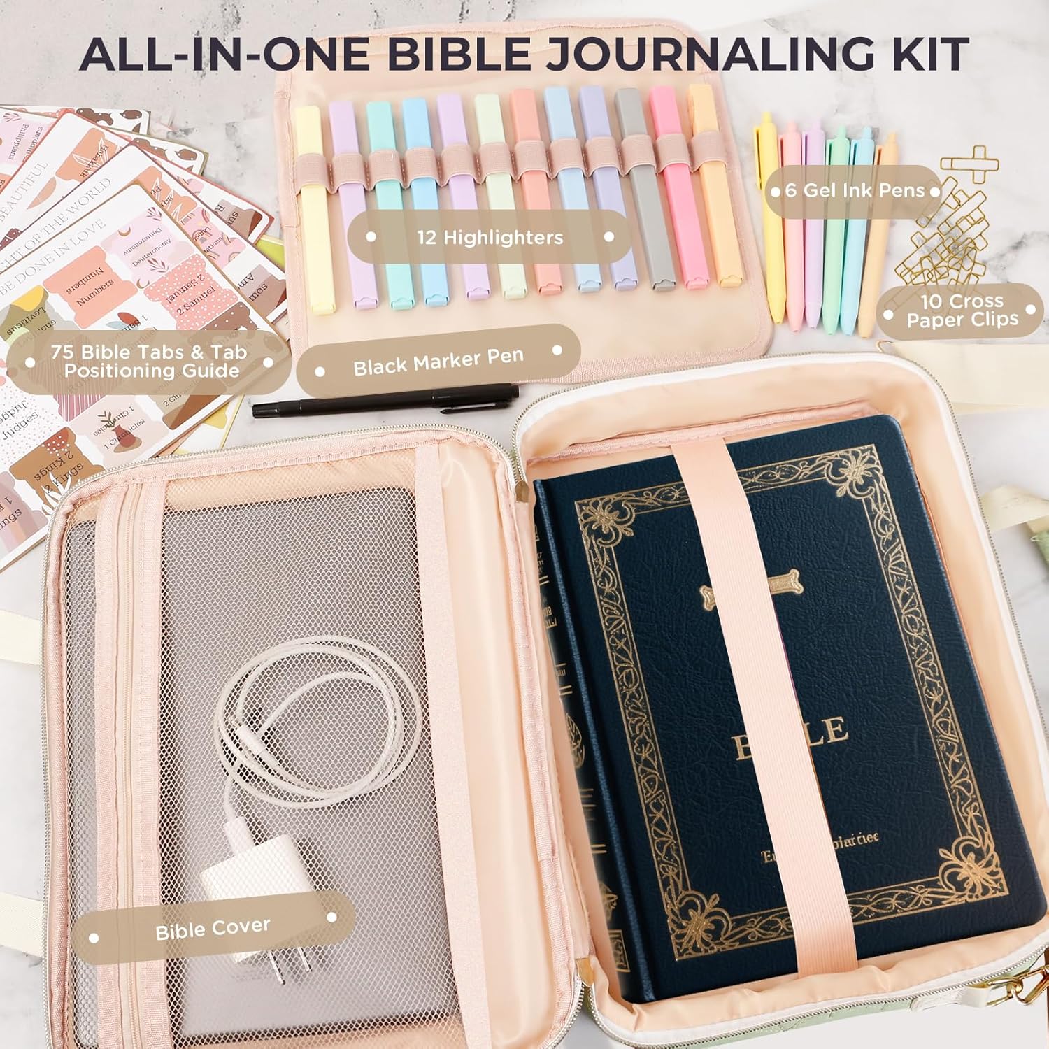Bible Cover Case for Women Bible Study Kit with Highlighters Tabs, Large Bible Bag with Annotation Kit, Bible Carrying Case for Women with Shoulder Strap Church Bags with Journaling Kit (Green, Large) - Image 3