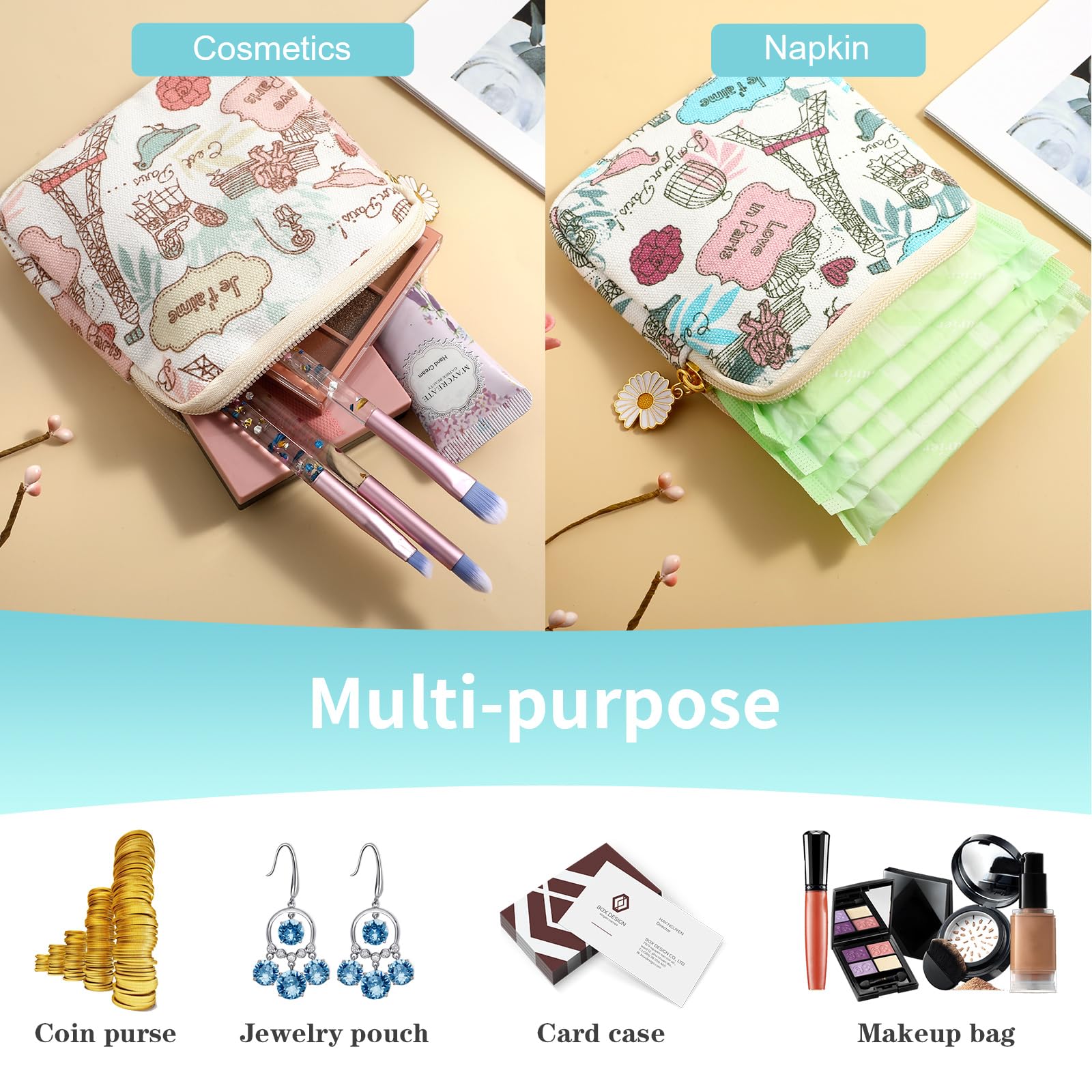 Bolsa de almacenamiento de servilletas sanitarias, 2 bolsas de período, bolsa de almacenamiento de almohadilla sanitaria, bolsa de almacenamiento de tampón, bolsa menstrual con cremallera para 5